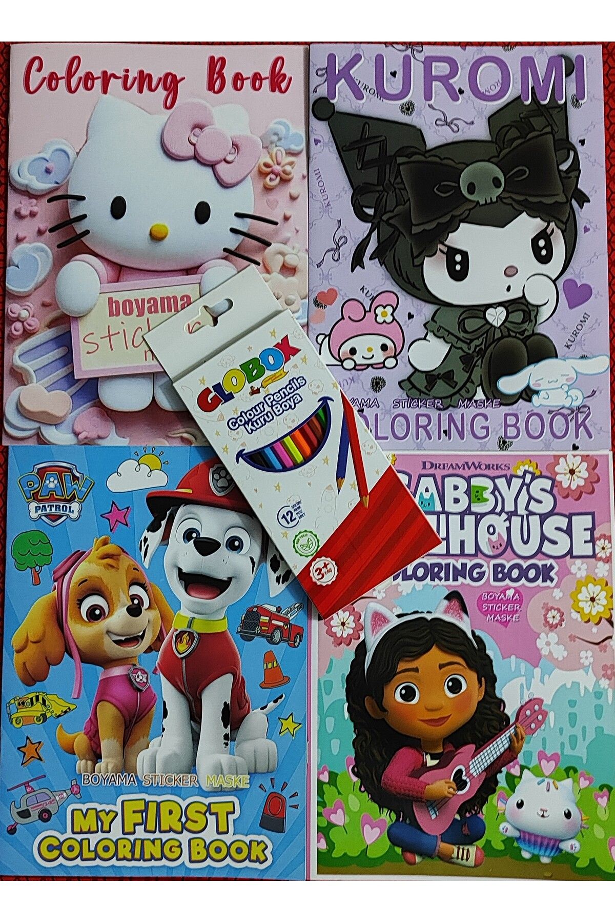 ada çanta kırtasiye 4 adet stickerli boyama kitabı 12 li kuru boya kalemi hediyeli (Hello Kitty/Kuromi/Gabbys/paw p)X27