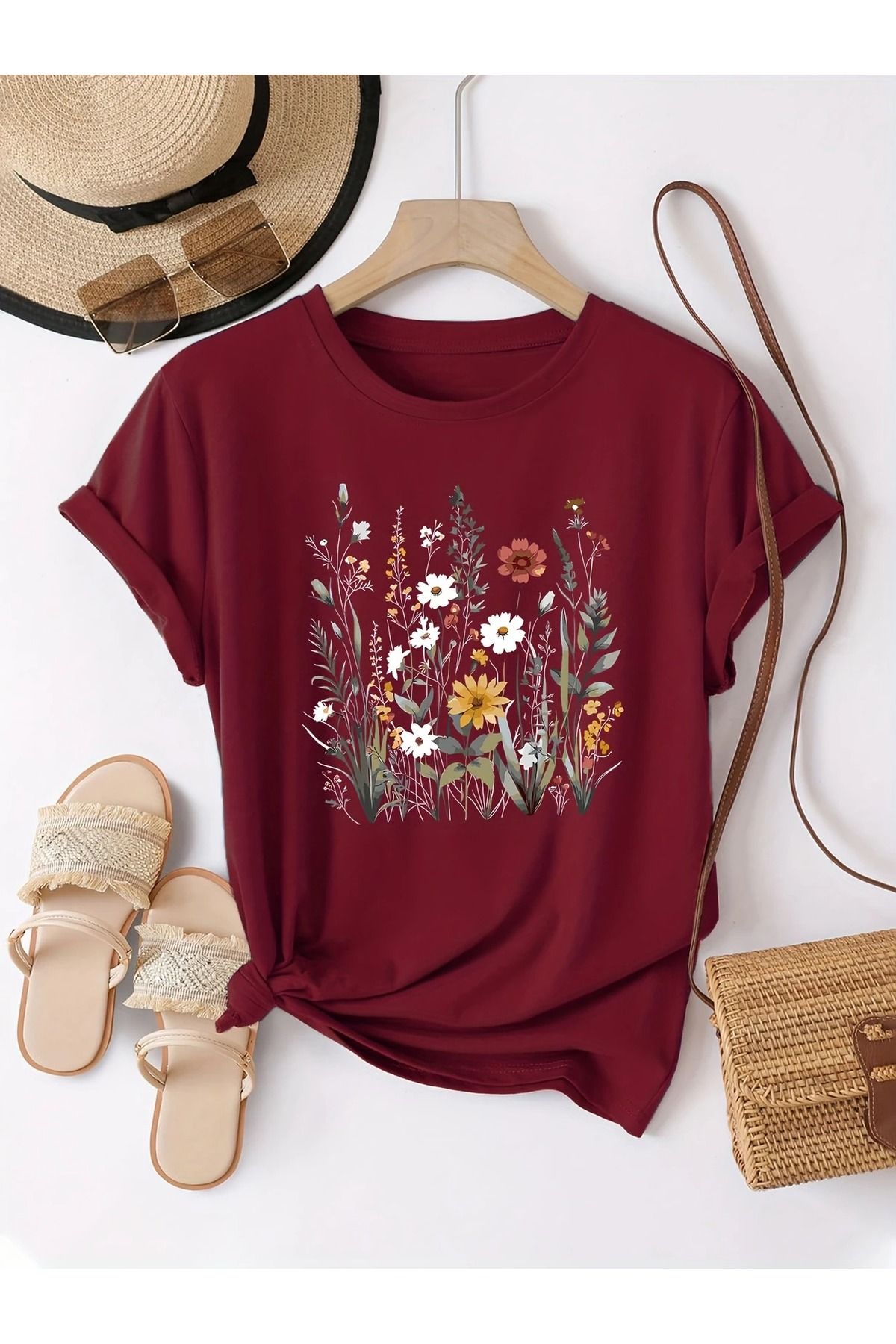 PALPİTO Kadın Bordo Fidanlar Baskılı Oversize T-Shirt