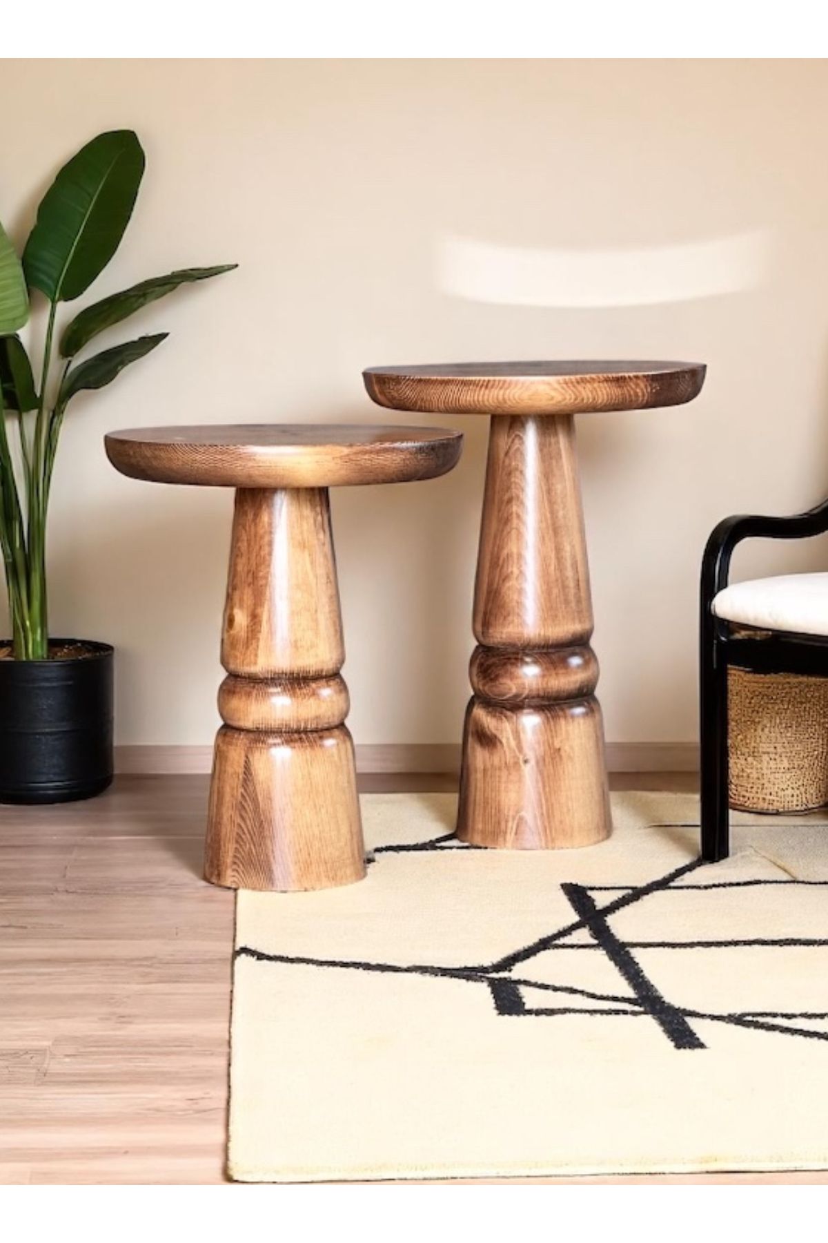 ASELYA HOME Doğal Ahşap 2’li Set Mantar Yan Sehpa Modern Fiskos Zigon Çiçeklik