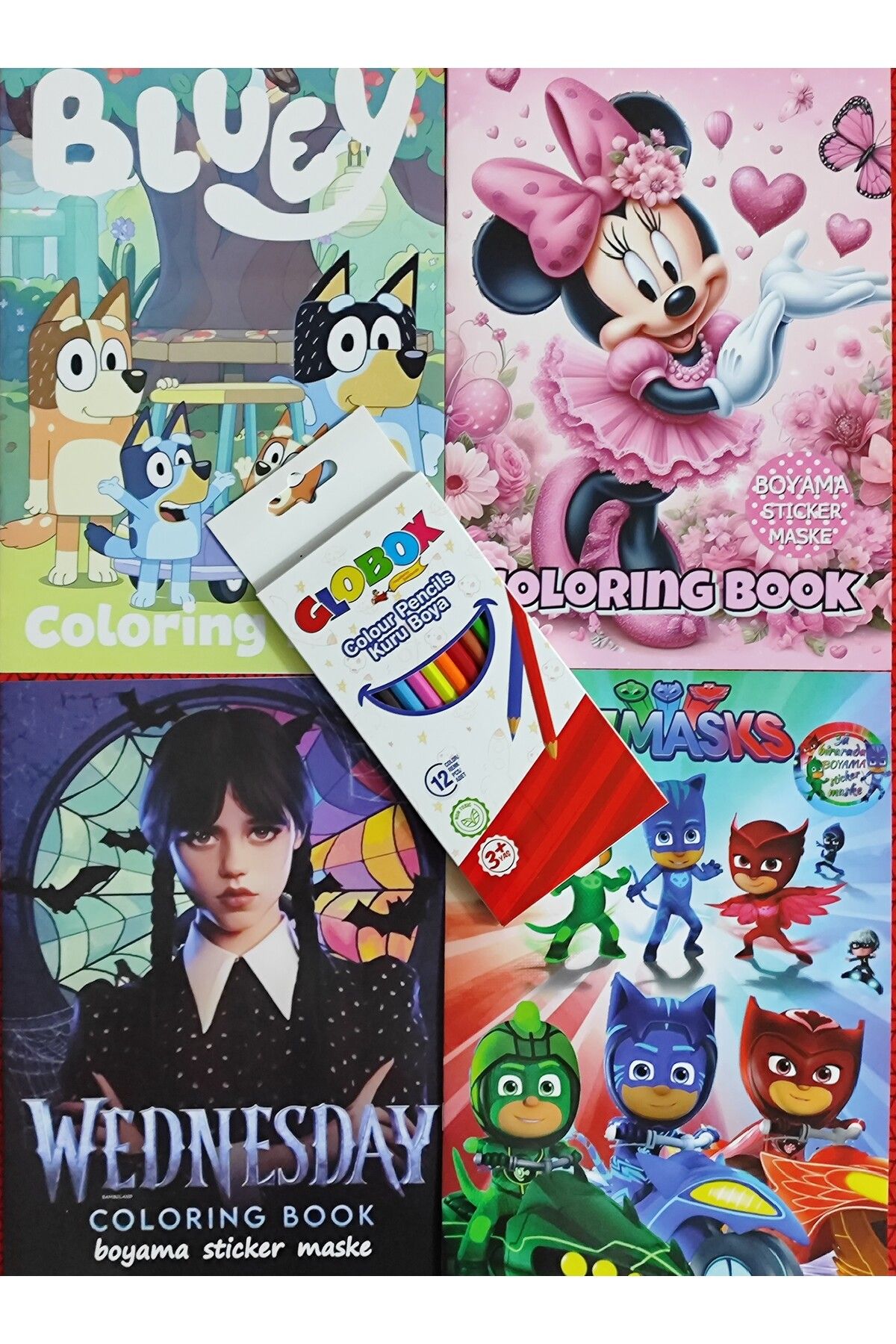 ada çanta kırtasiye 4 adet stickerli boyama kitabı 12 li kuru boya kalemi hediyeli (Minnie/Bluey/wednesday/pijamaske)X24
