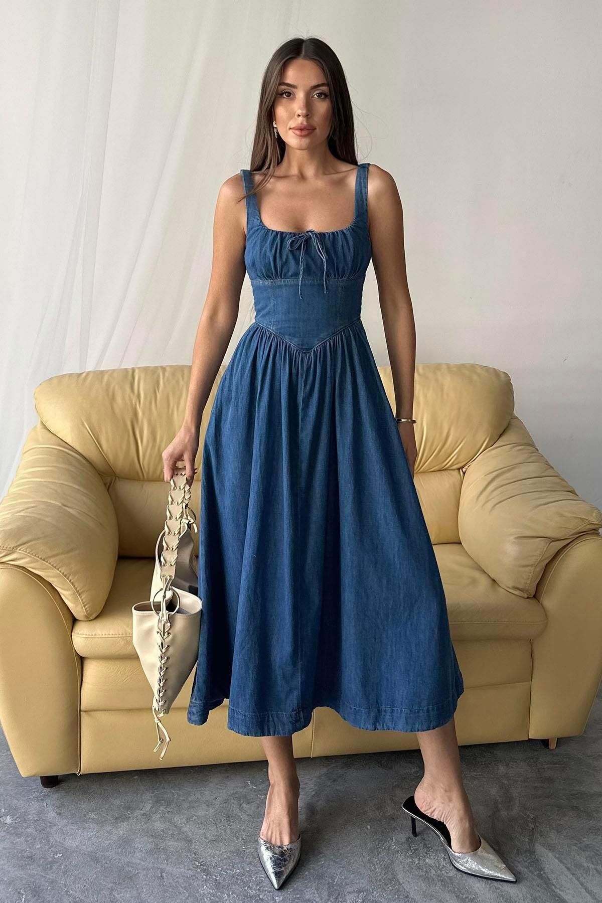 Moda cameo Mohinto Korseli Bağlamalı Maxi Denim Elbise Lacivert
