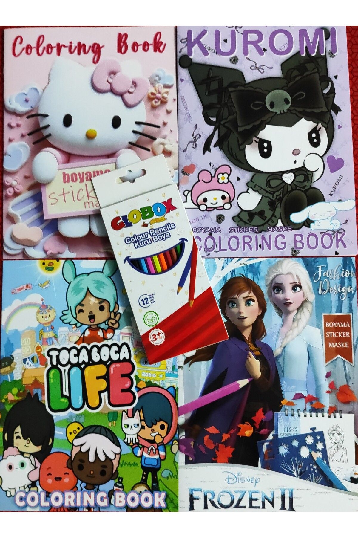ada çanta kırtasiye 4 adet stickerli boyama kitabı 12 li kuru boya kalemi hediyeli (Hello kitty/kuromi/frozen/toca b)X29