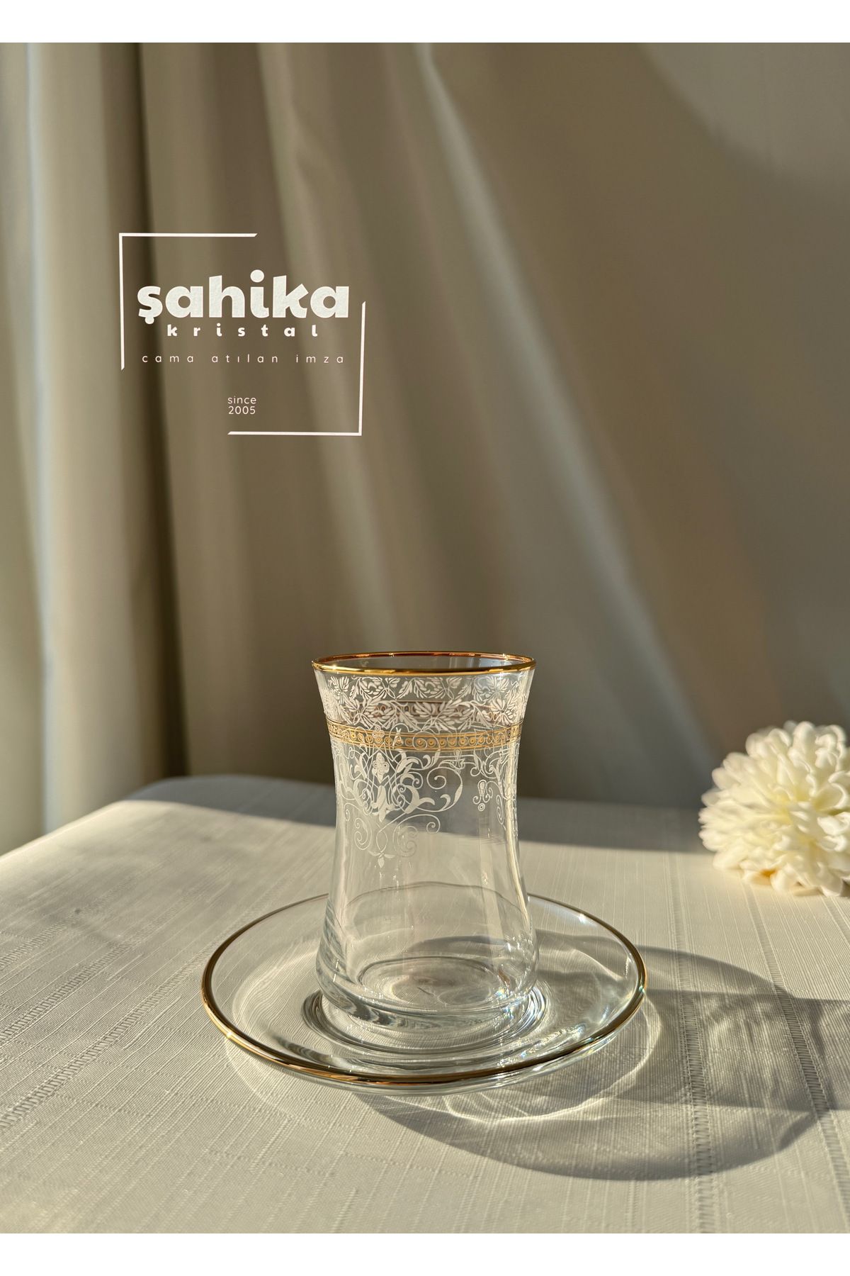 Şahika Kristal cama atılan imza 12 Parça Koza Gold Çay Seti