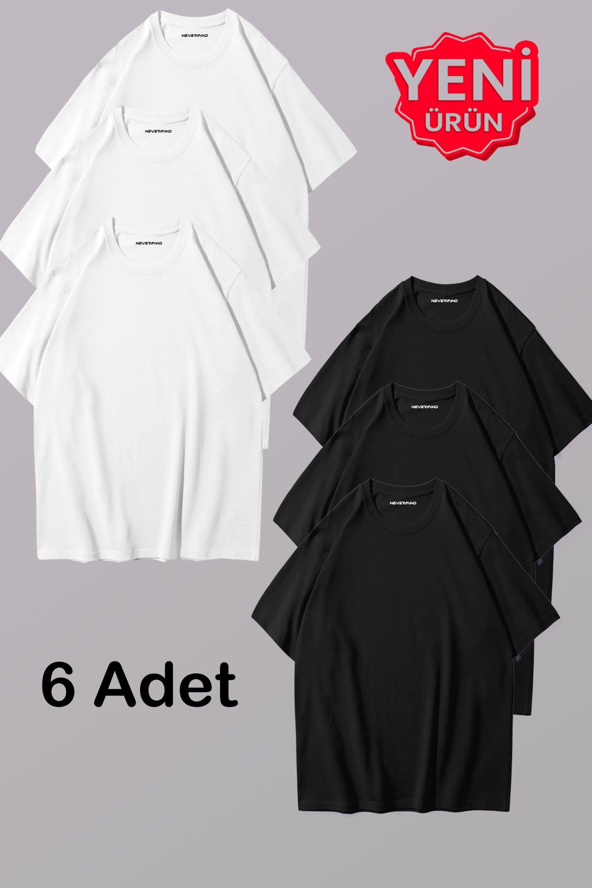 NEVERMIND Erkek & Kadın Siyah Beyaz %100 Pamuklu 6’lı Tişört Paketi – Unisex T-Shirt