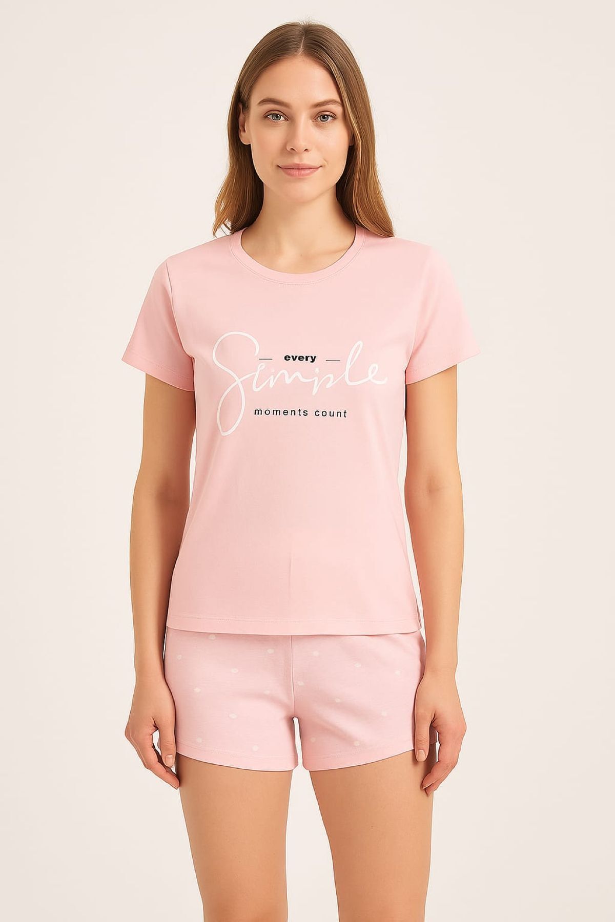 ELİTOL %100 Pamuk Pembe Kadın Şortlu Yazlık Pijama Takımı-Kalp Desenli