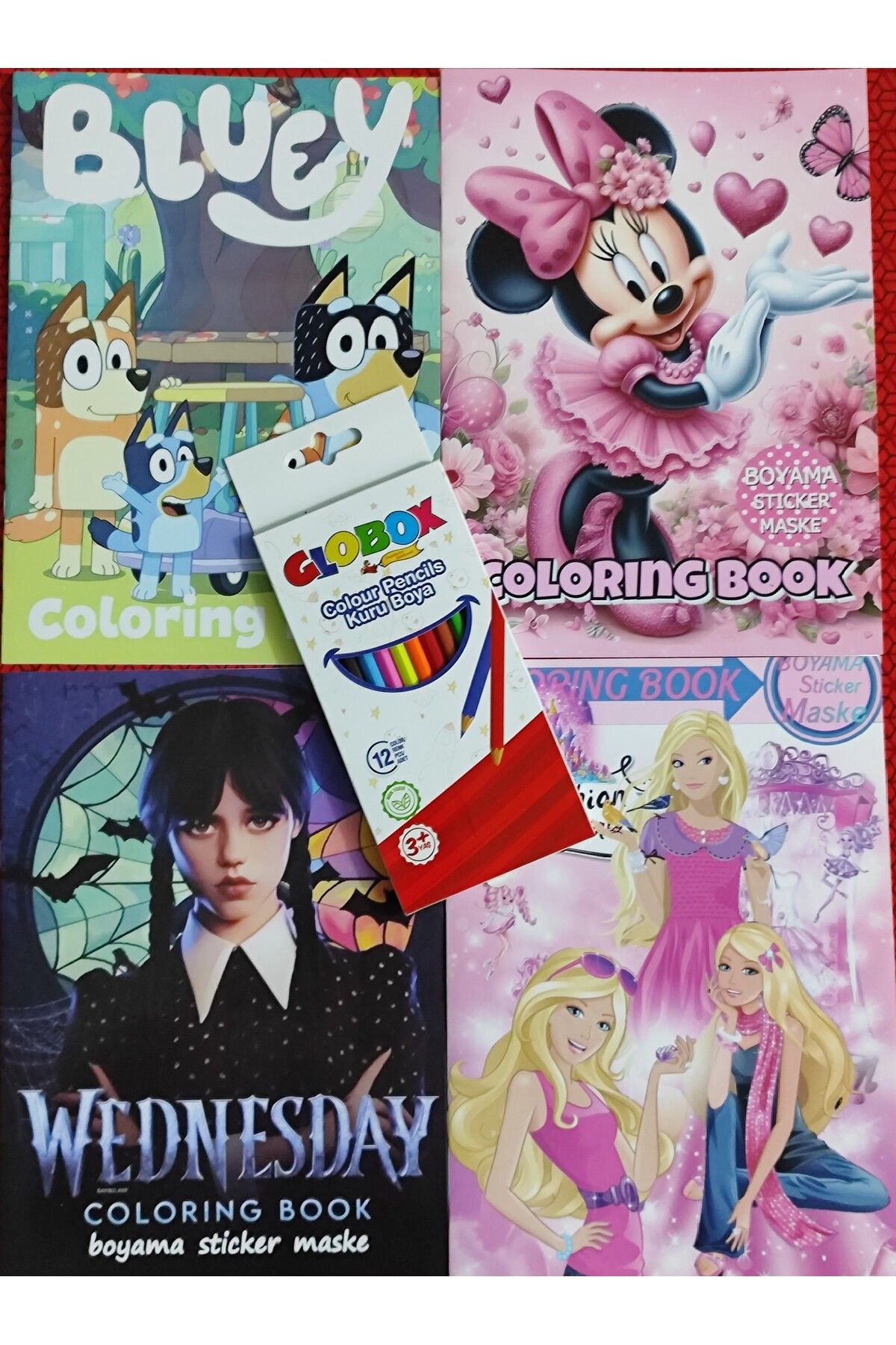ada çanta kırtasiye 4 adet stickerli boyama kitabı 12 li kuru boya kalemi hediyeli (Minnie/Bluey/wednesday/Barbie)X25