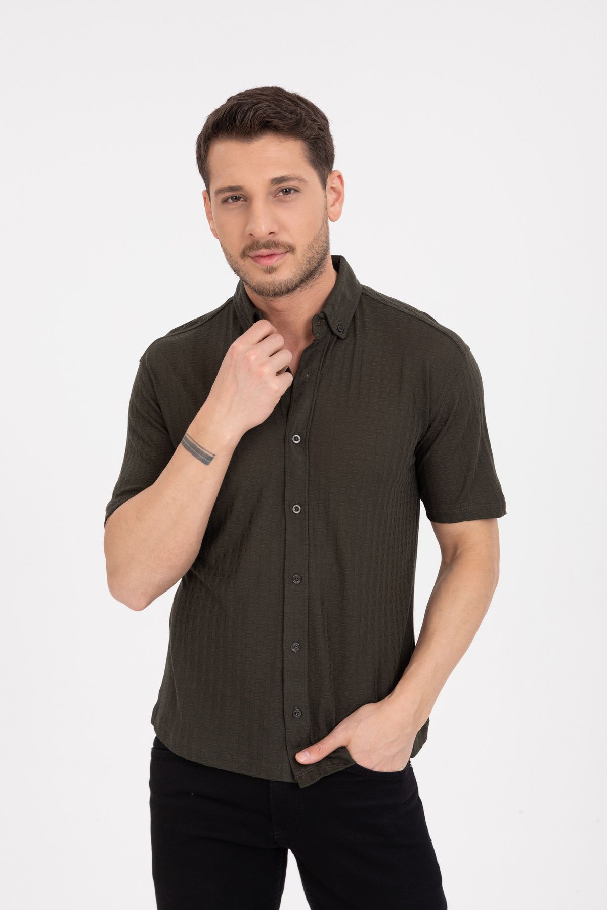 Klothy Erkek Kısa Kol Slim Fit Örme Gömlek 2613
