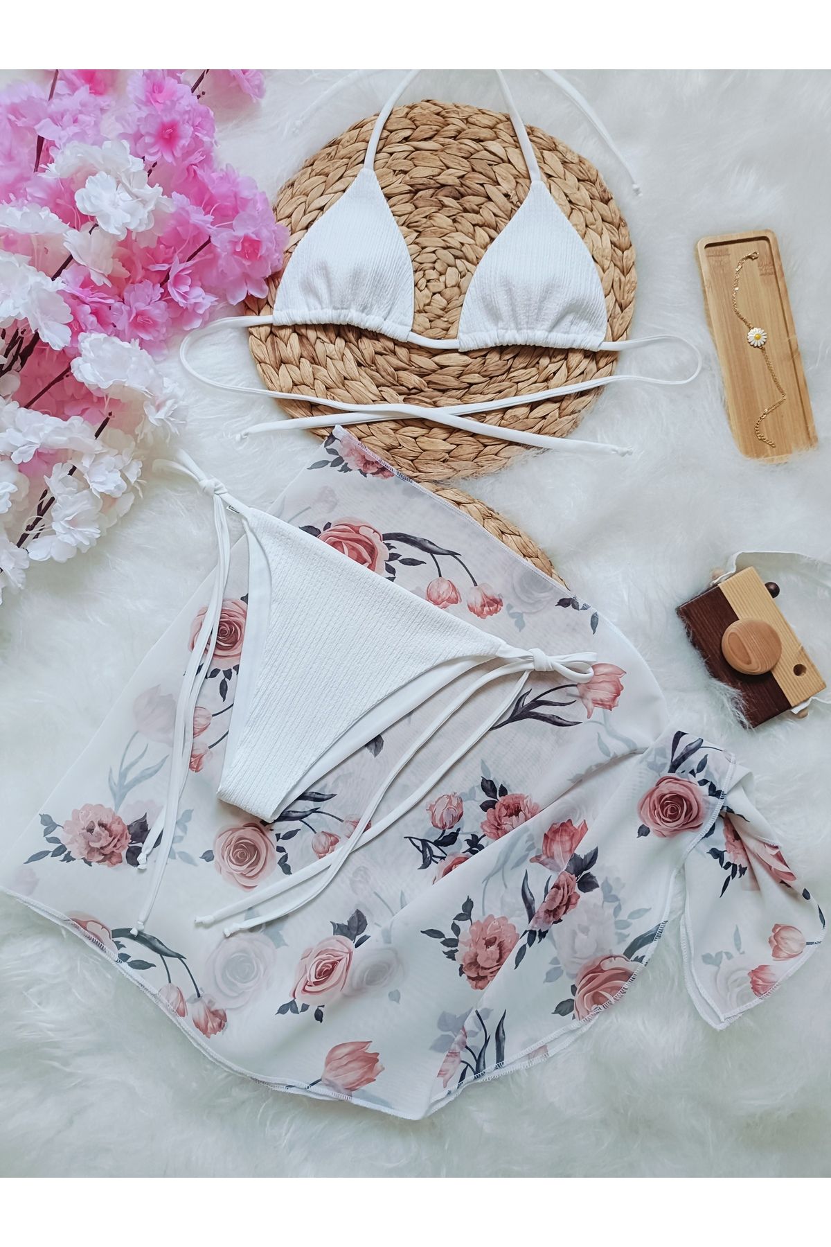 bright moon Kadın bikini takım pareo 3,lü set dolgusuz