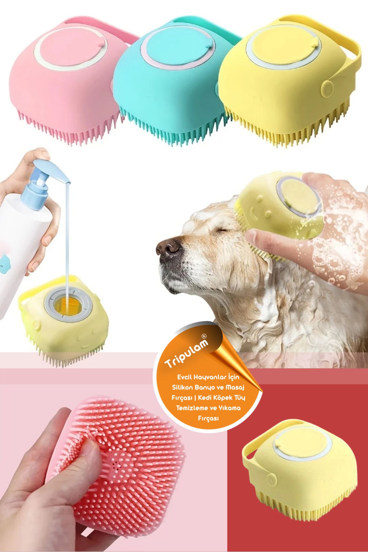 TRİPULAM Evcil Hayvanlar İçin Silikon Banyo ve Masaj Fırçası | Kedi Köpek Tüy Temizleme ve Yıkama Fırçası