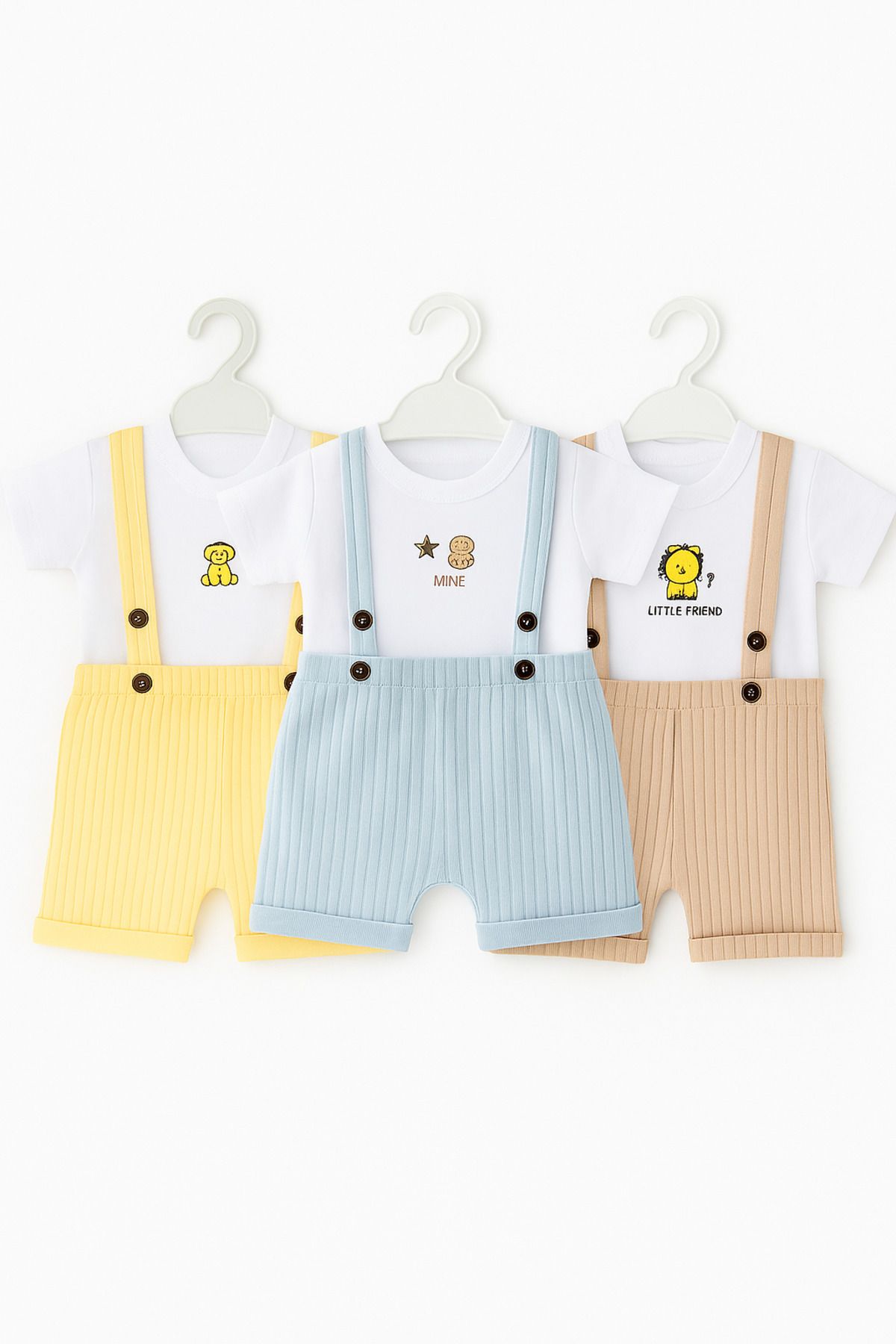 LITTLE&CO 3 Adet Bebek 100&100 Pamuk Askılı Badili Ribana Tulum 0-24 Ay Bebek Tulum Seti