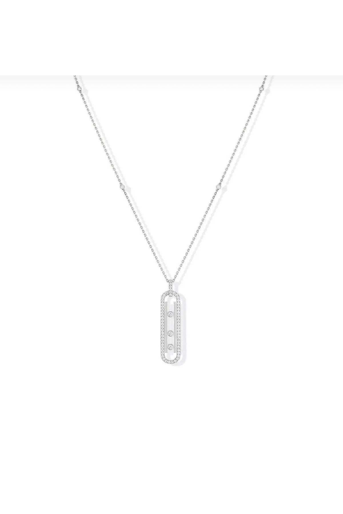HND collection Zirkon Taşlı Gümüş Renk Uzun Oval Kolye Minimal ve Işıltılı Tasarım