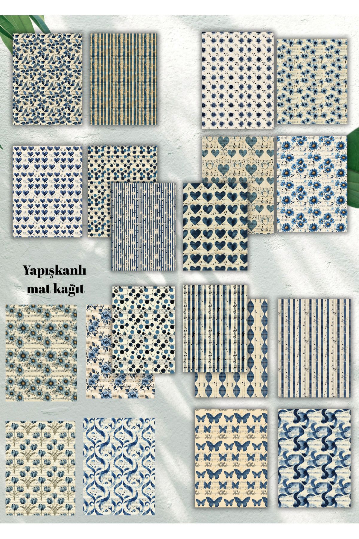 aysaplanner 20’li Mavi Vintage Desenli Yapışkanlı Scrapbook Kağıdı – A6 Boy Kadifemsi Mat Yüzey