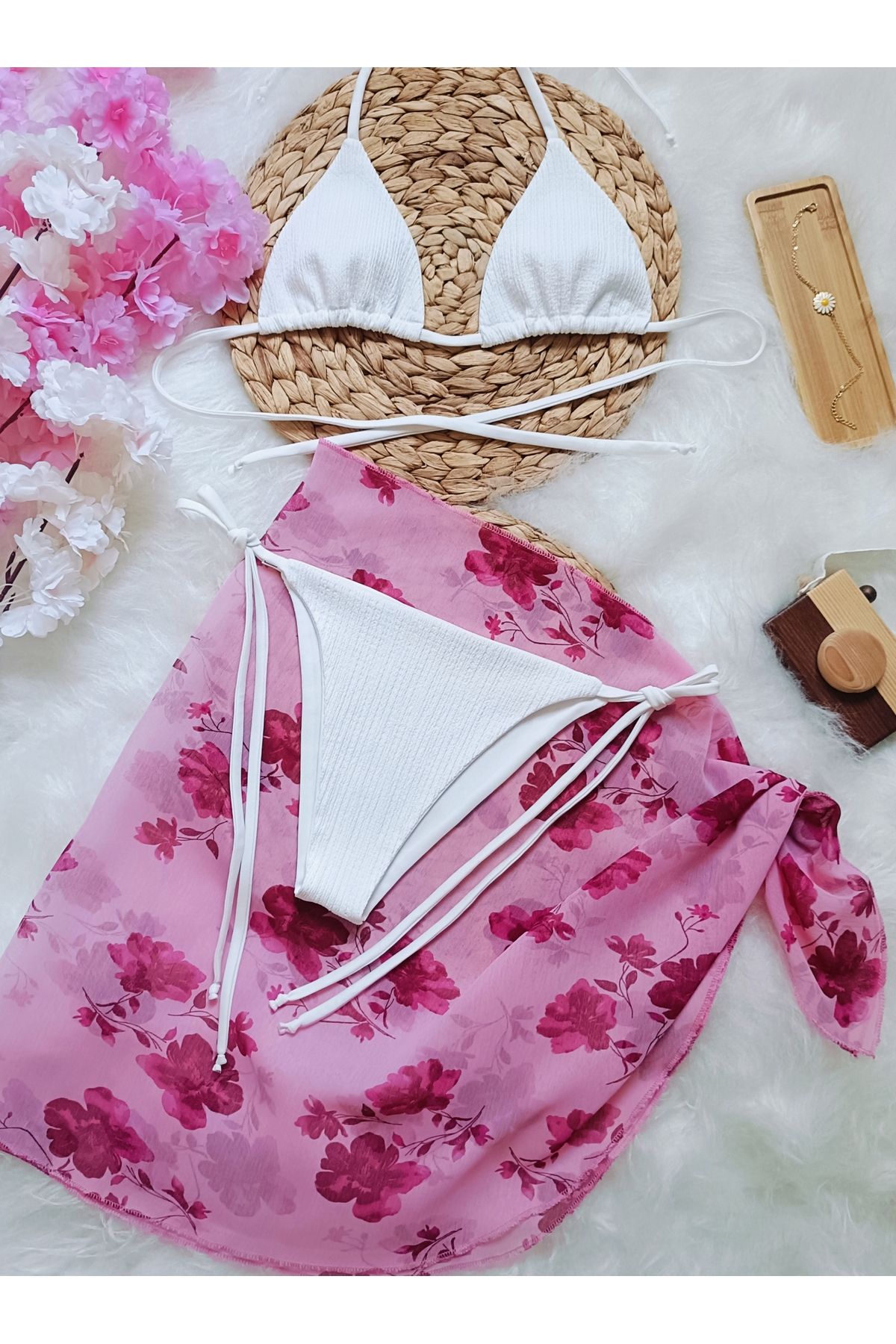 bright moon Kadın bikini takım pareo 3,lü set dolgusuz