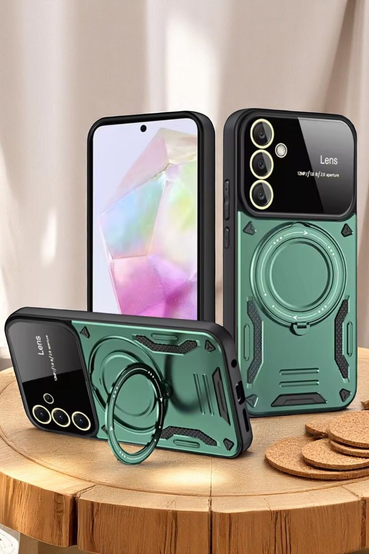 AKSEFİZZ Samsung Galaxy A15 Uyumlu Kılıf Kamera Lens Korumalı Magsafe Yüzüklü Standlı Kapak