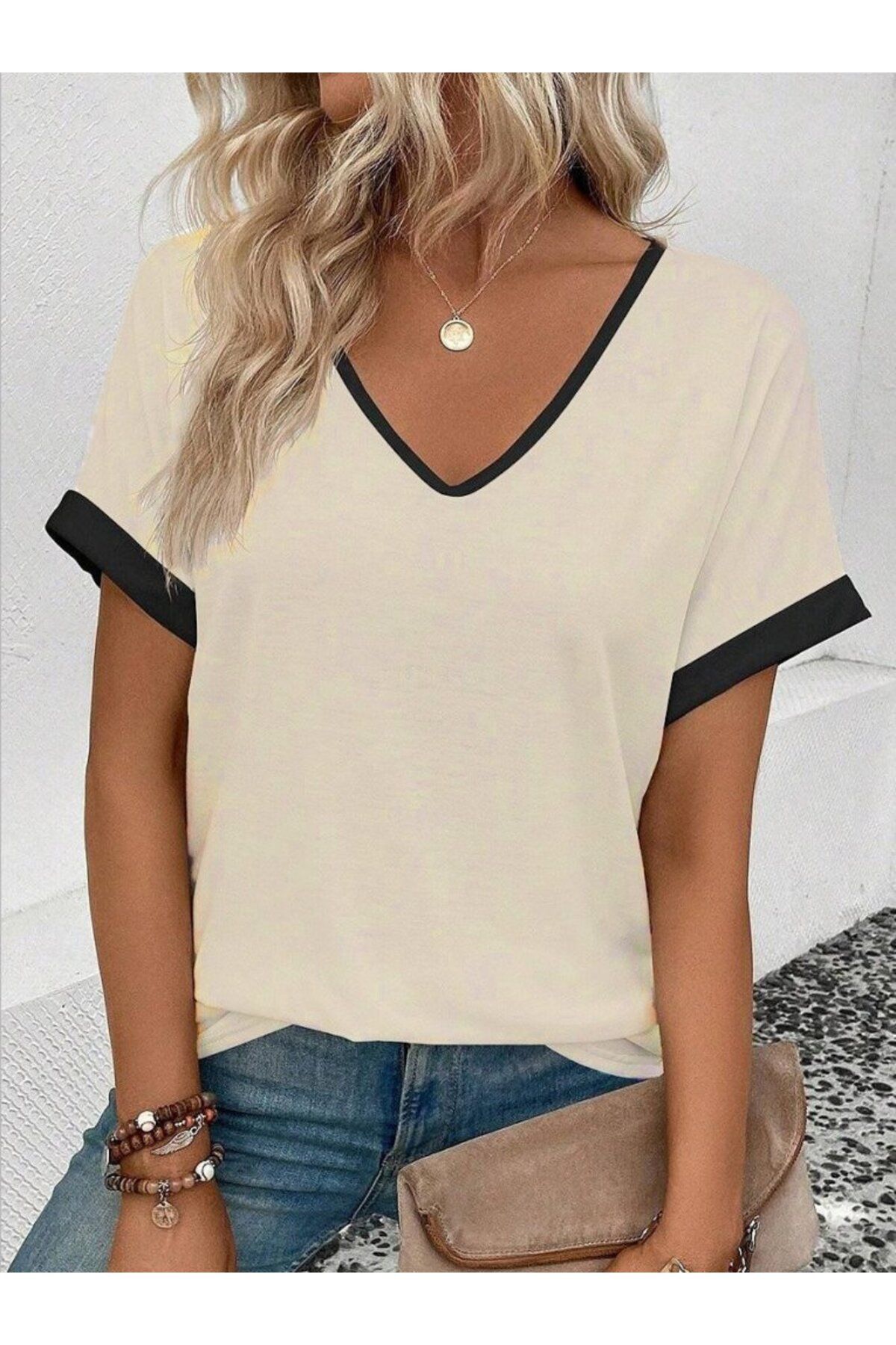 MODA Kadın Kısa Kollu V Yakalı çift Renkli Viskon Bluz