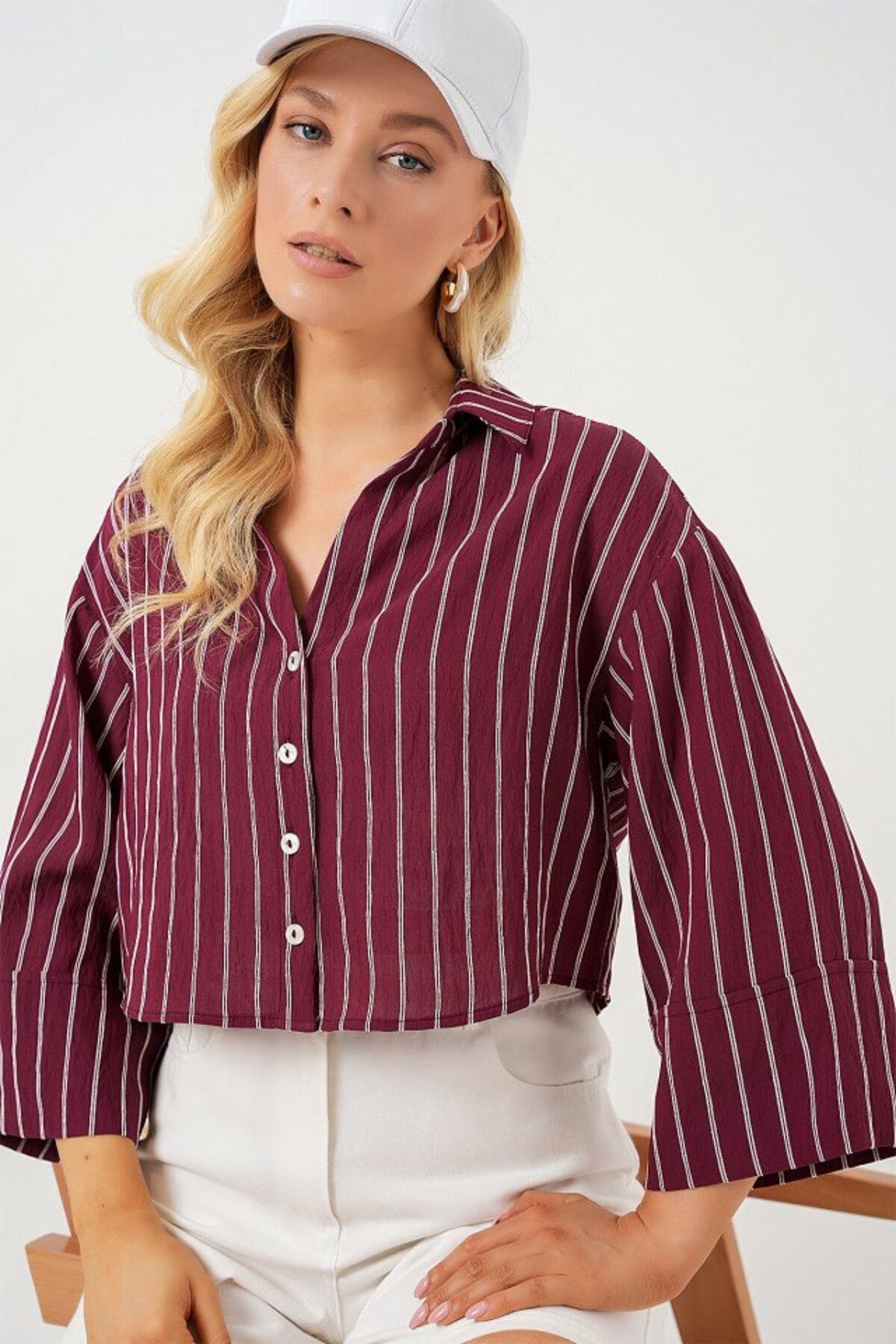 Leyaa Çizgili Oversize Kısa Gömlek 20326 - Bordo