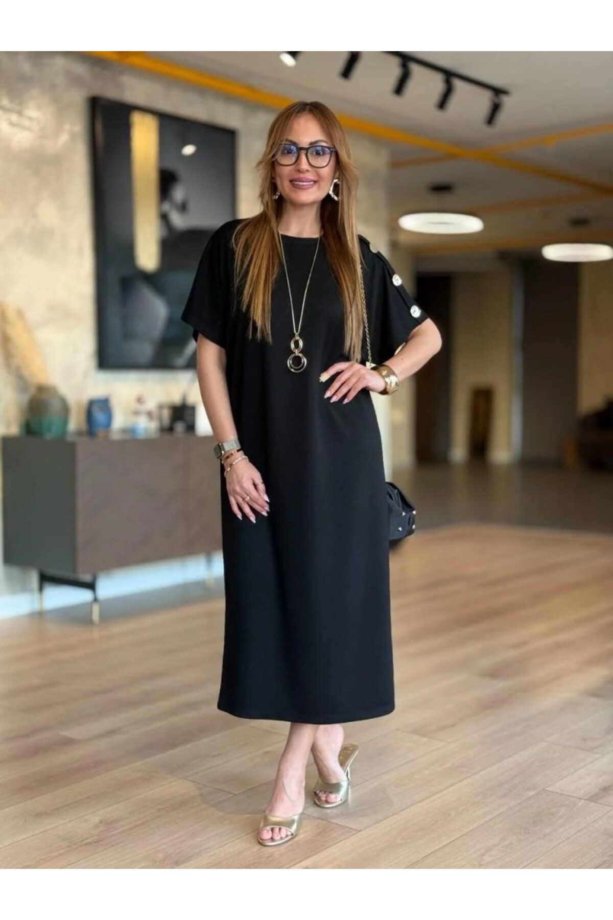 velmorafashion Kadın Kısa Kollu Bisiklet Yaka Omuzdan Düğmeli Uzun Viskon Iki Iplik Elbise