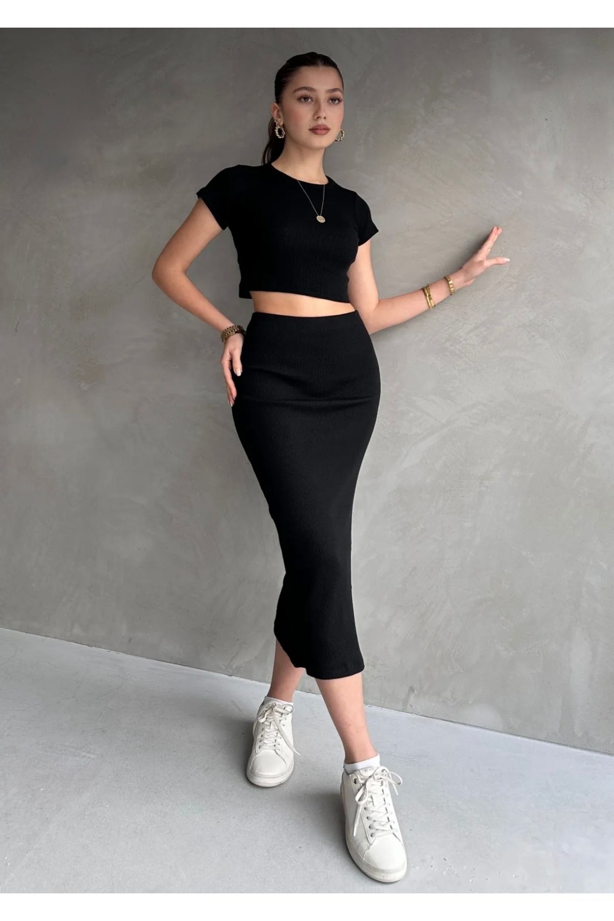 İYMES COLLECTİON Kadın yırtmaçlı kaşkorse etekli Crop alt-üstü takım