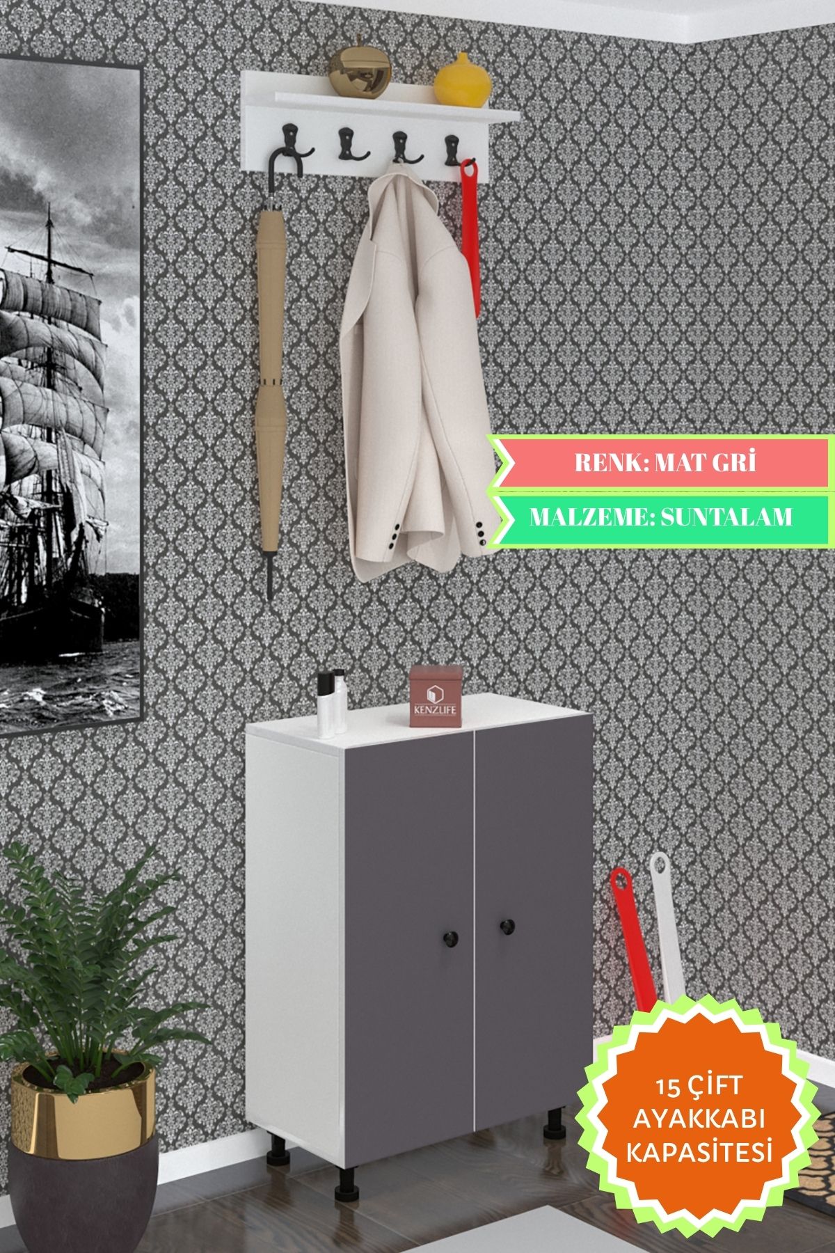 Kenzlife portmanto ayakkabılık ve askılık kalçın5 gribyz 83*060*32 onbeş çift ayakkabı kapasitesi