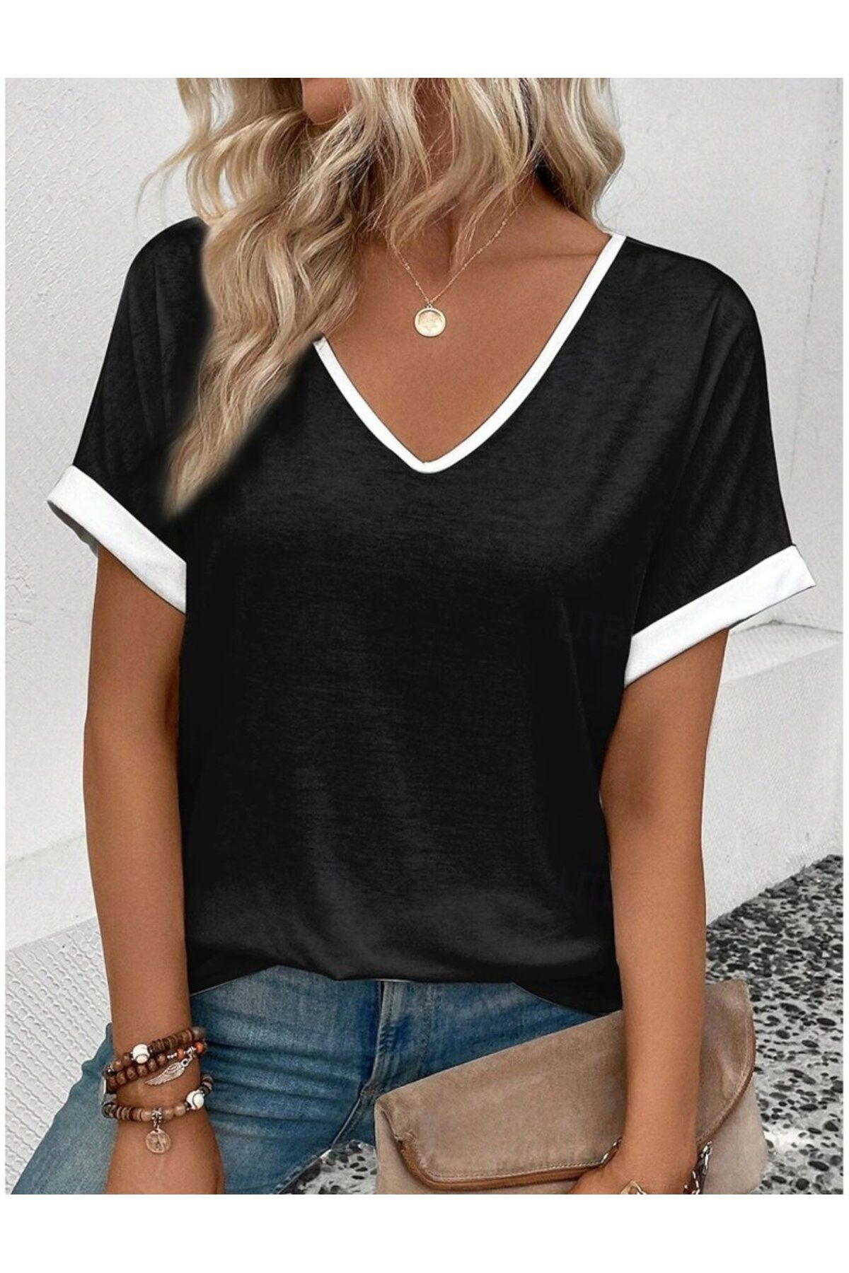 Kokosh moda Kadın Kısa Kollu V Yakalı çift Renkli Viskon Bluz