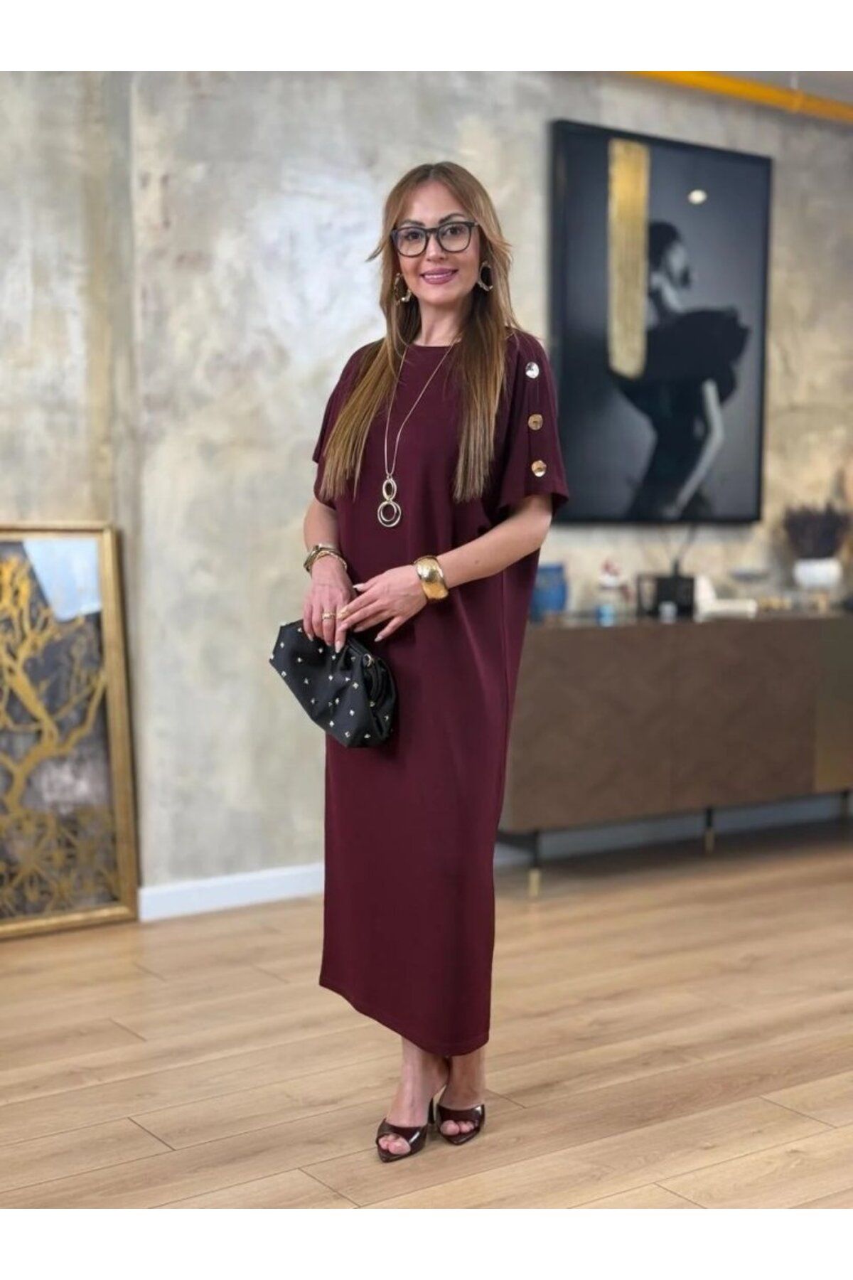velmorafashion Kadın Kısa Kollu Bisiklet Yaka Omuzdan Düğmeli Uzun Viskon Iki Iplik Elbise
