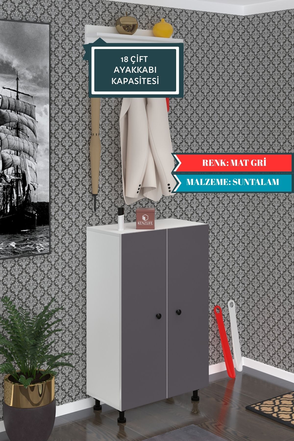 Kenzlife ayakkabılık cimcime6 gribyz 98*060*32 kapaklı 6 raflı 18 çift ayakkabı kapasitesi