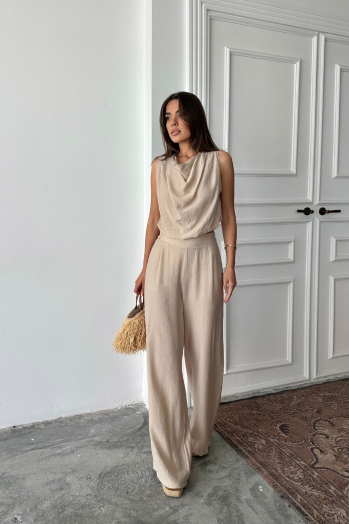 velmorafashion DEGAJE YAKA KOLSUZ BLUZ - PANTOLON TAKIM - Bej