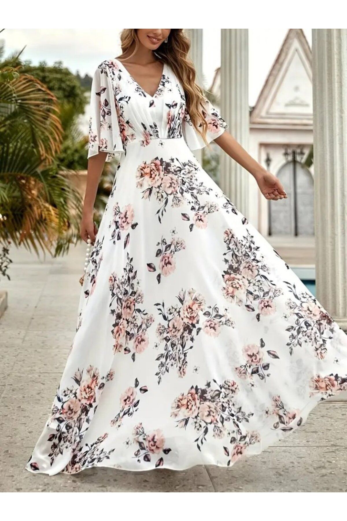 velmorafashion Kadın Kısa Kollu V Yakalı çiçek Desenli Süprem Elbise