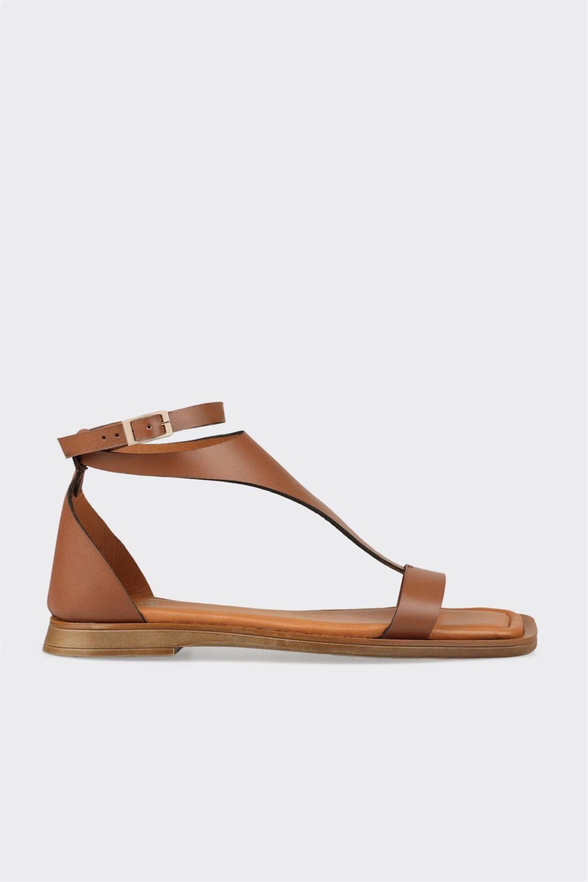 Elle Shoes Taba Deri Kadın Düz Sandalet