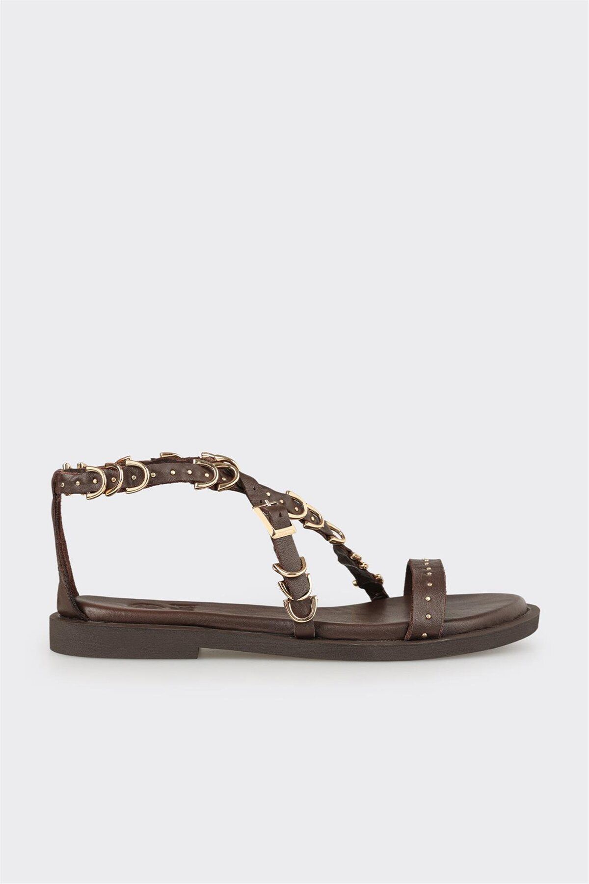Elle Shoes Kahve Deri Kadın Düz Sandalet