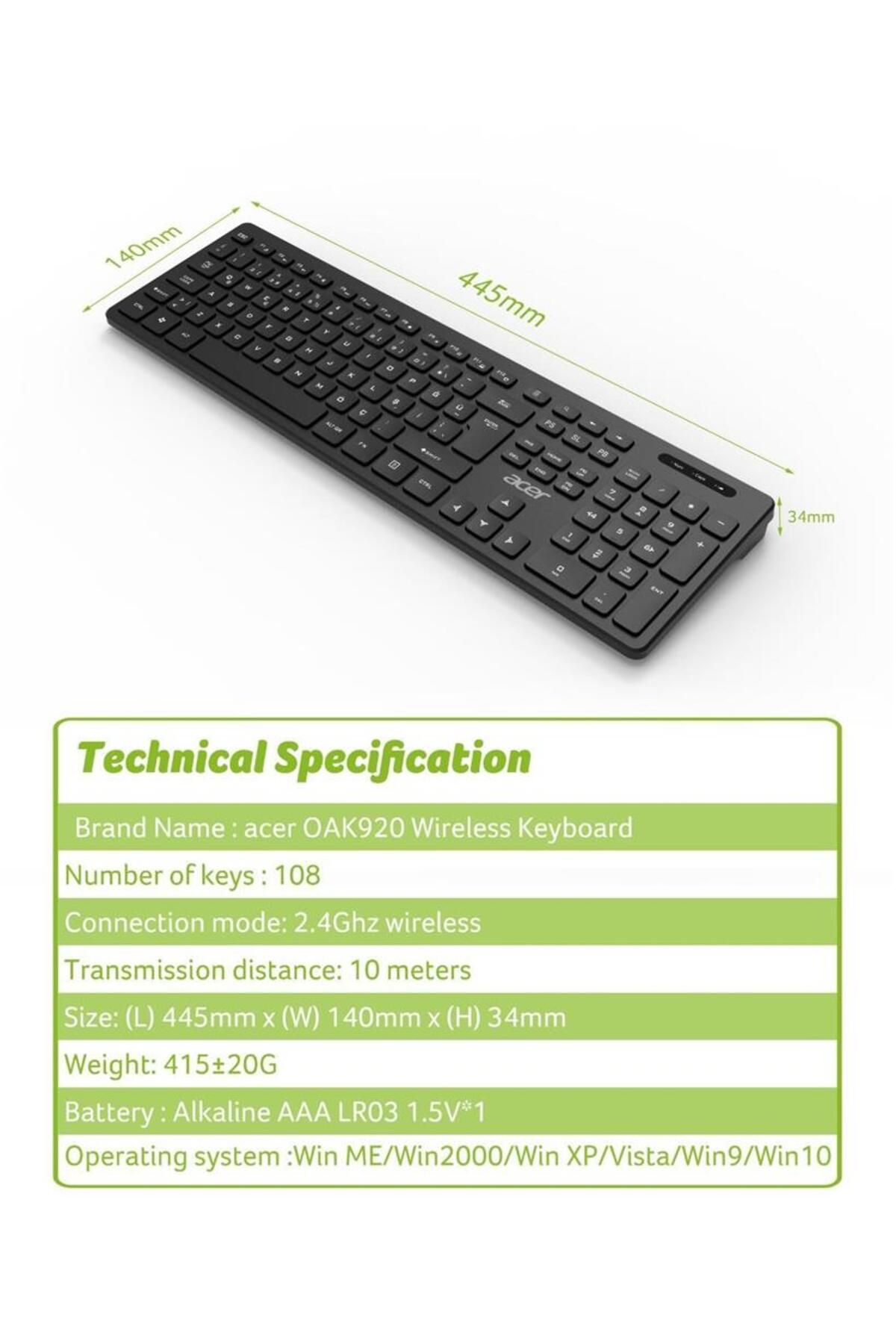 Vobotek Teknoloji Acer OAK-920 Siyah Kablosuz Klavye 2.4Ghz Caps Lock (Smart Tv- Wifi)