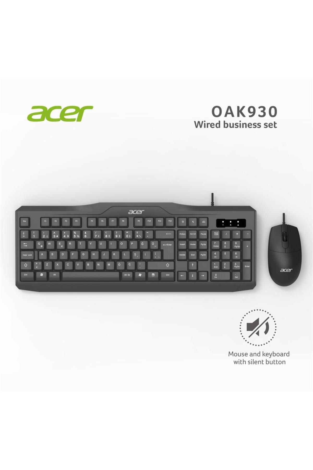 Vobotek Teknoloji Acer OAK-930 Kablolu Sessiz Tuşlu Klavye Moue Set Siyah (Klavye 1,40Cm-Mouse 1.60Cm Kablo)