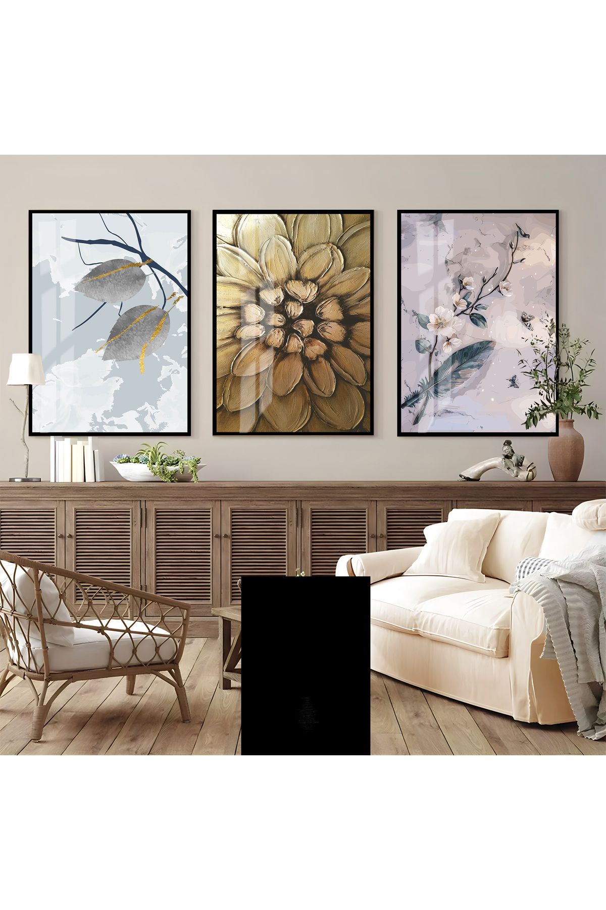 Harikabirev HARİKABİREV|ORTANCA ÇİÇEK KOMBİNİ(PAINTING)|ÇERÇEVELİ CAM TABLO 3LÜ DİKEY