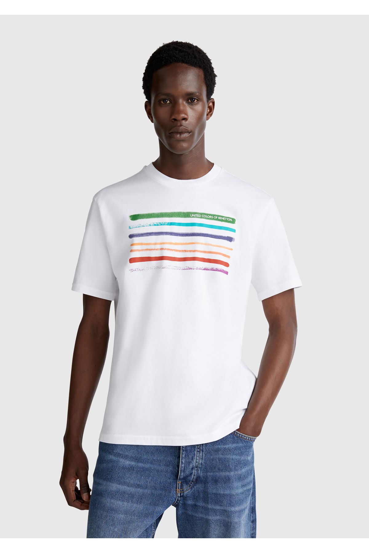United Colors of Benetton Erkek Beyaz-Bayrak %100 Koton Baskılı Regular Fit T-Shirt