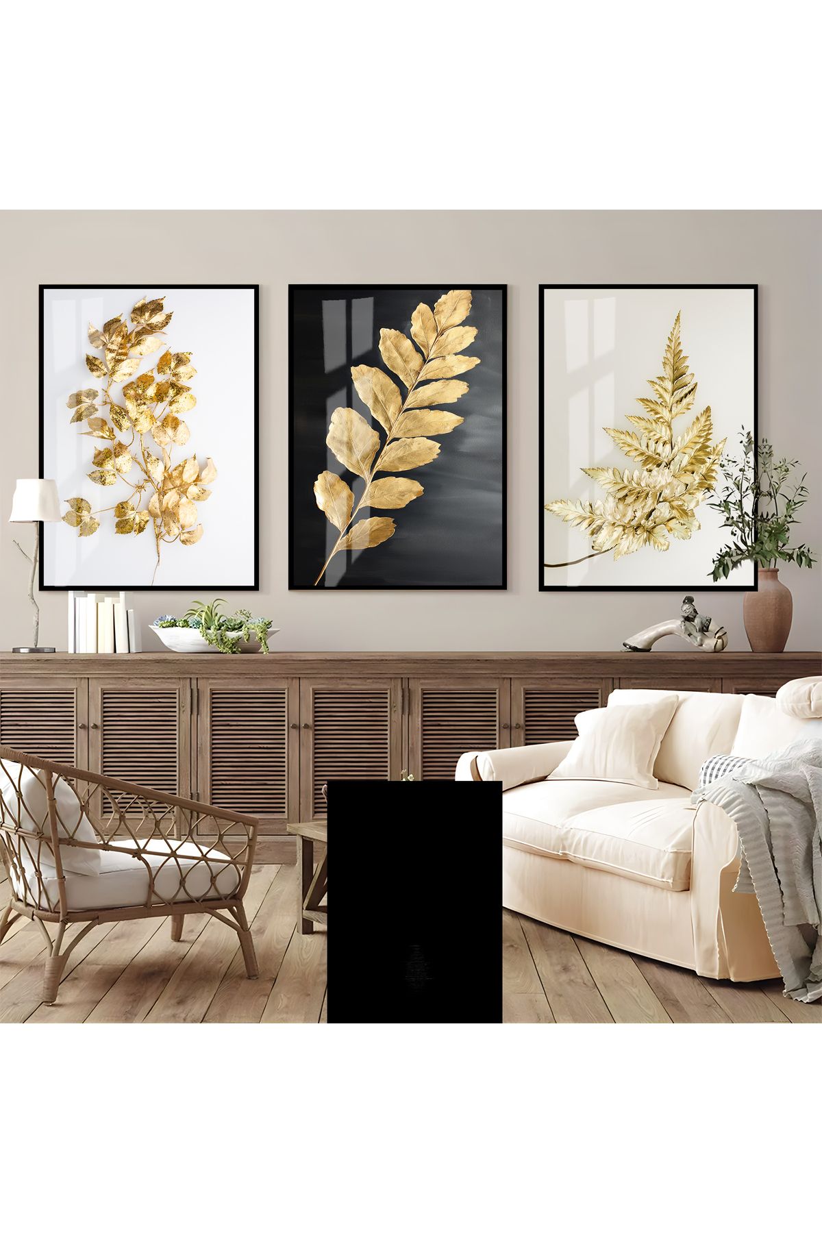 Harikabirev HARİKABİREV|GOLD YAPRAKLI KOMBİNİ (FROND)|ÇERÇEVELİ CAM TABLO 3LÜ DİKEY