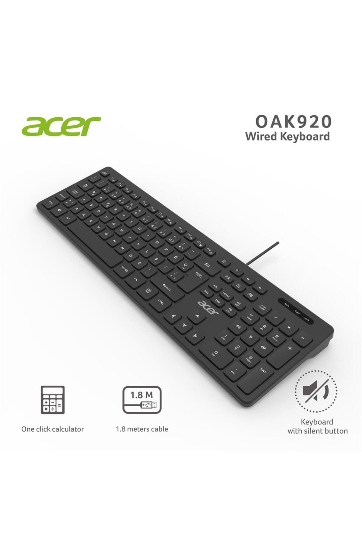Vobotek Teknoloji Acer OAK920 Q Usb SİYAH 1.8mt Kablolu Klavye-Tek Tuş Hesap Makinalı (Sessiz Tuş)