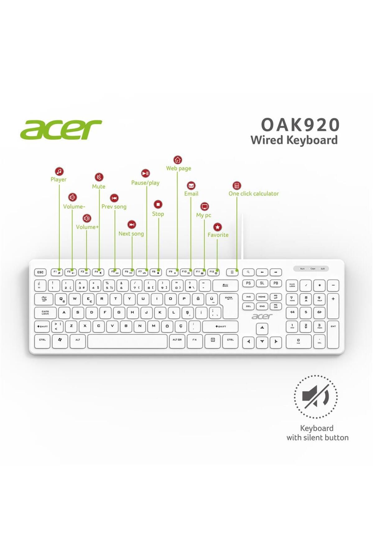 Vobotek Teknoloji Acer OAK920 Q Usb Beyaz 1.8mt Kablolu Klavye-Tek Tuş Hesap Makinalı (Sessiz Tuş)
