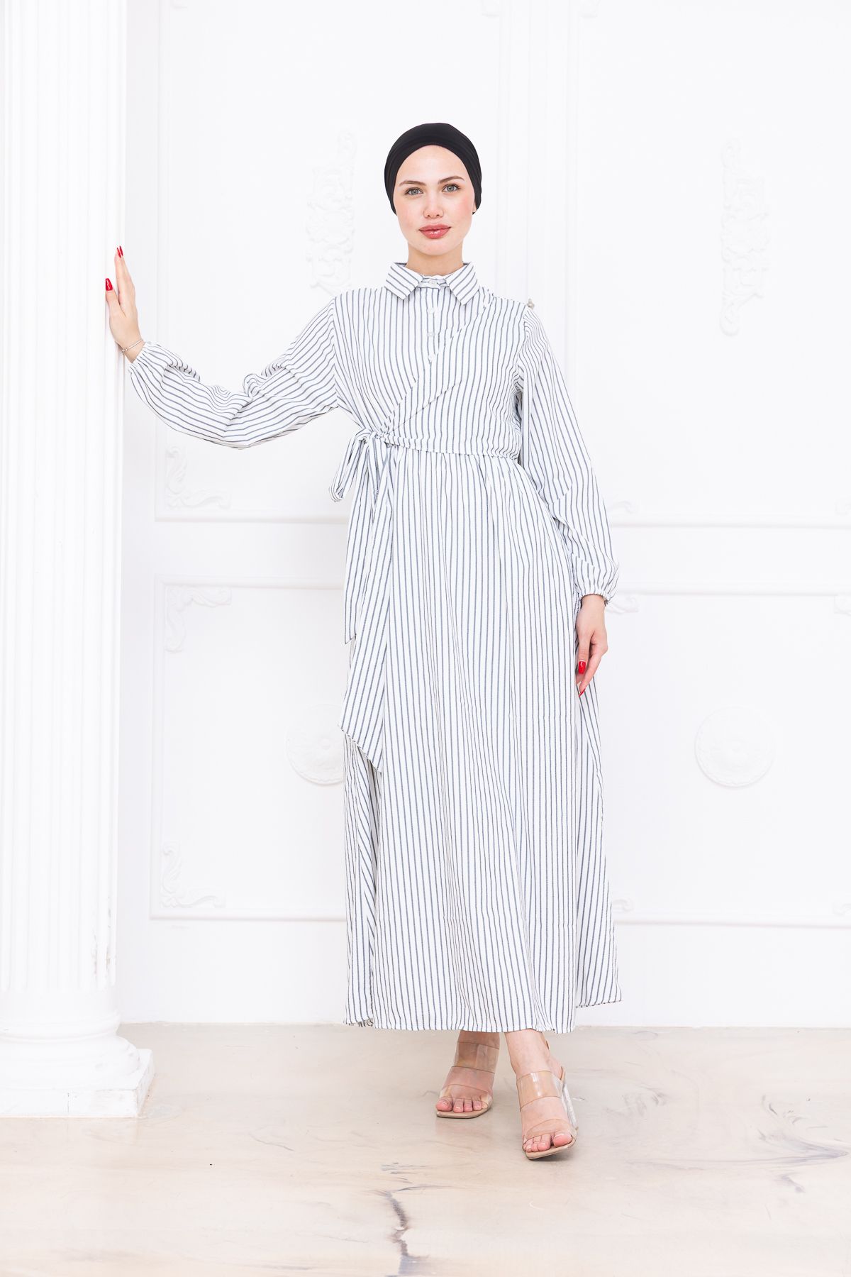 SiSorti Moda Çizgili Kuşak Detaylı Tesettür Gömlek Elbise