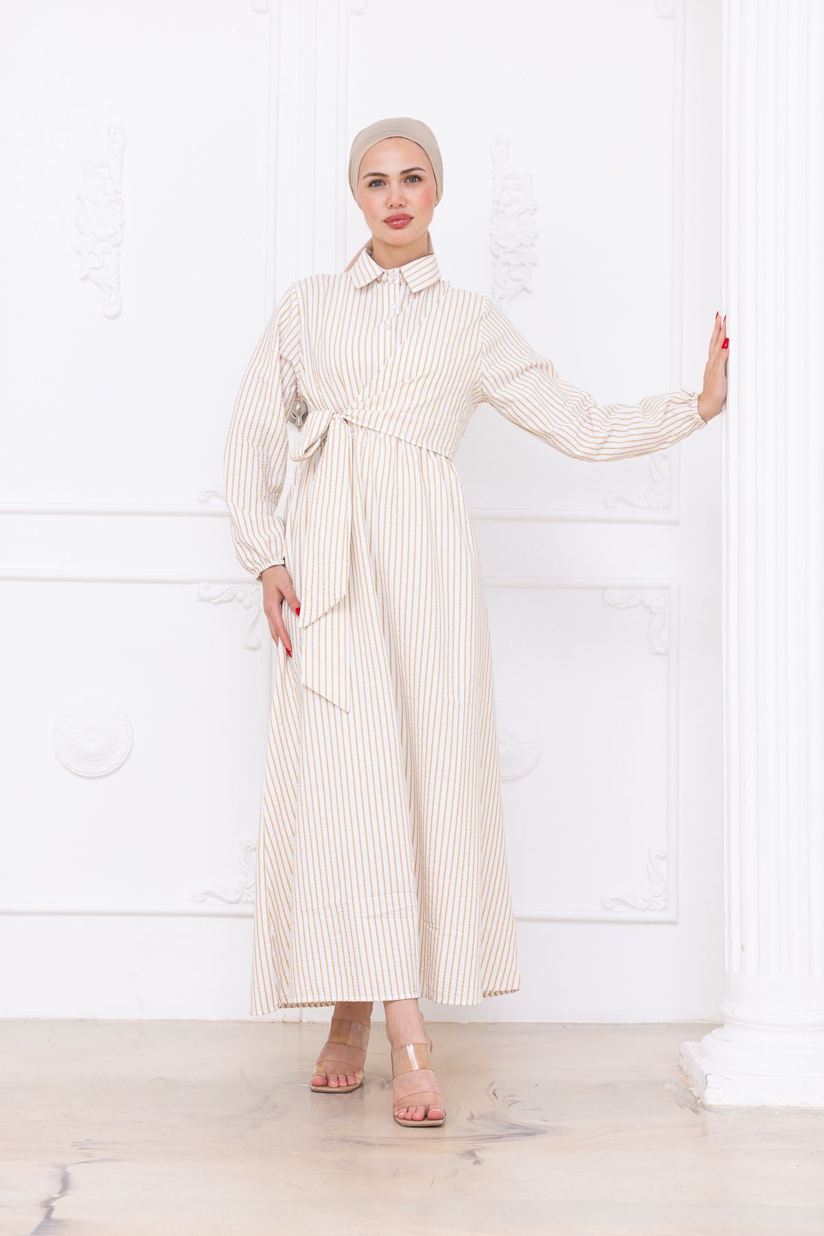 SiSorti Moda Çizgili Kuşak Detaylı Tesettür Gömlek Elbise