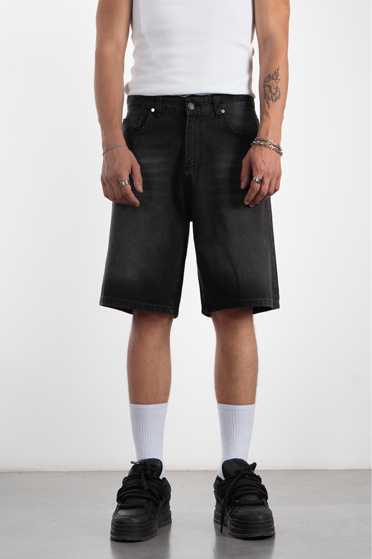 UKHWD SUPPLY Siyah Eskitme Baggy Denim Urban Jort Erkek Şort