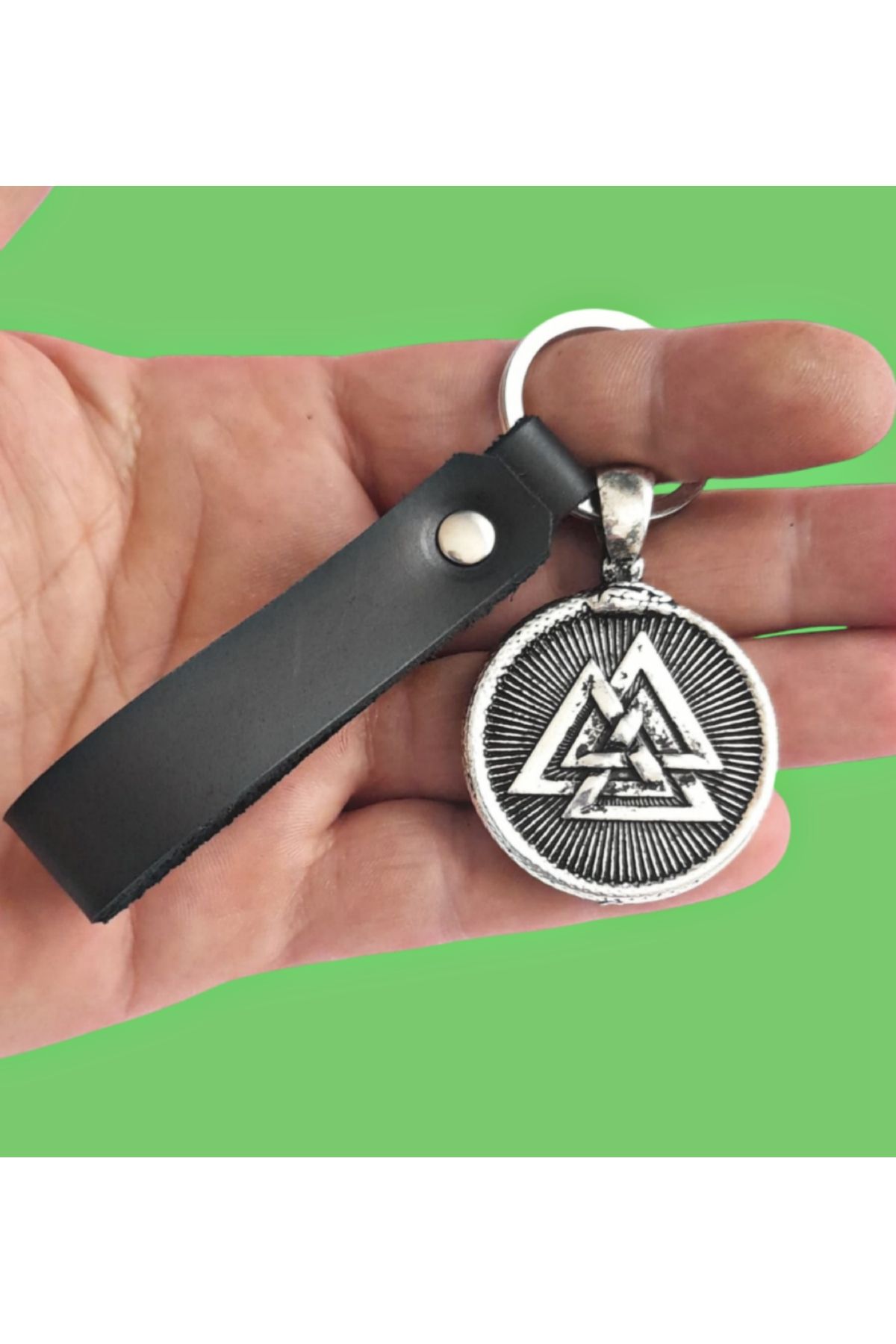 E&F Takı İSKANDİNAV VALKNUT TASARIM PREMİUM SİYAH GERÇEK DERİ ANAHTARLIK
