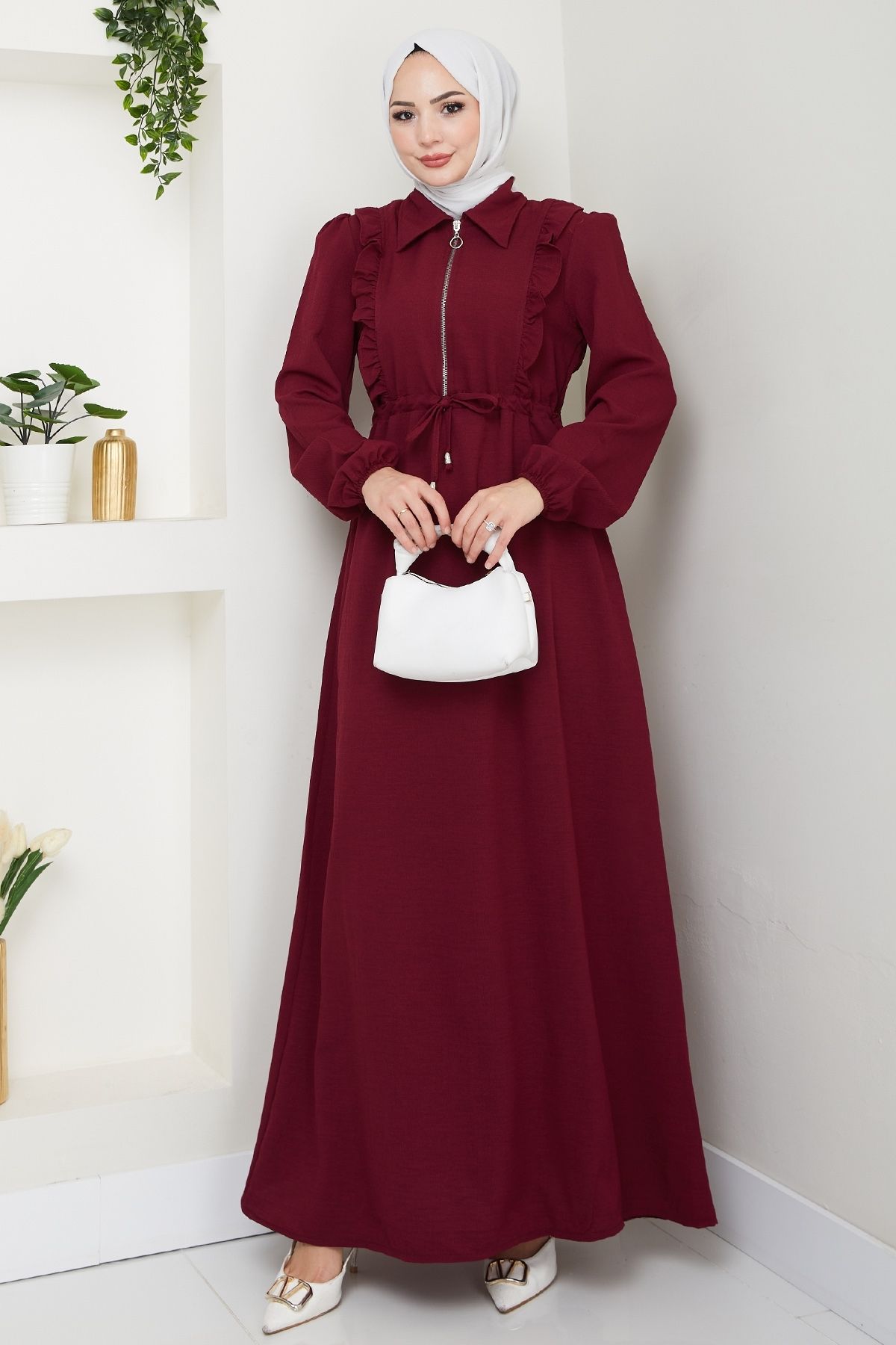 InStyle Fermuarlı Fırfır Detaylı Bordo Elbise