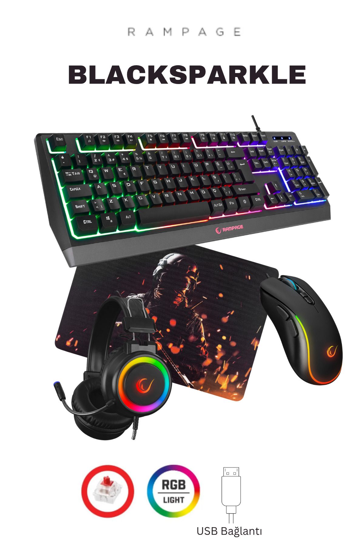 Rampage Blacksparkle Gaming Combo Oyuncu Klavye Mouse Kulaklık Mousepad Set (Rampage Türkiye Garantili)