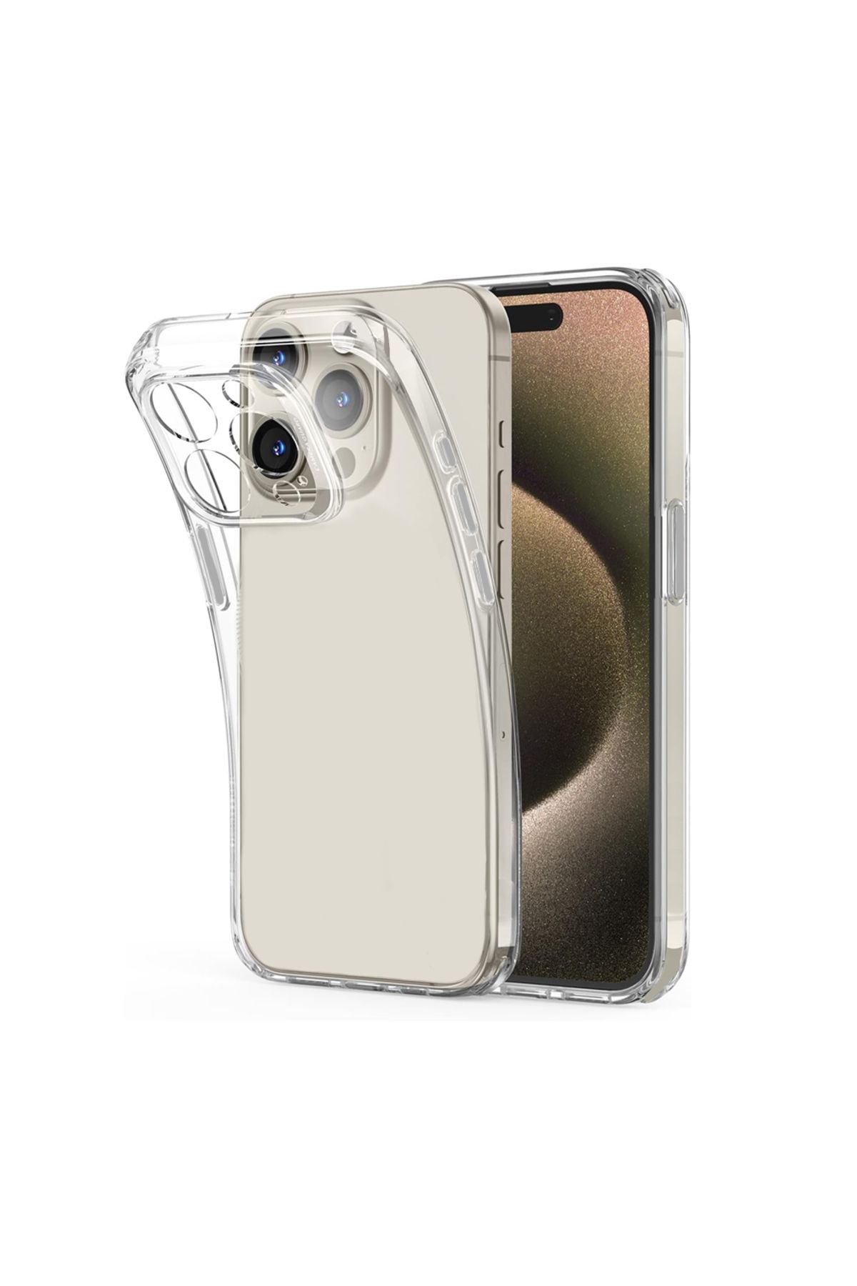 FIRO iPhone 15 Pro Kılıf Metal Tuşlu Kamera Korumalı Silikon Şeffaf Arka Kapak