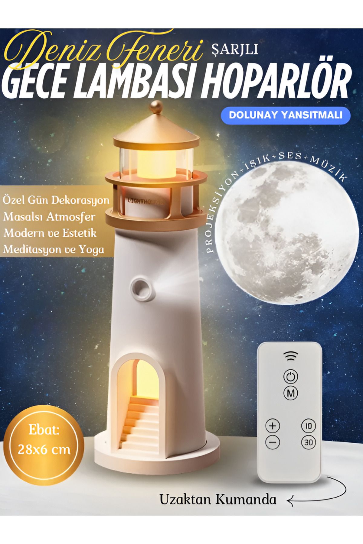 nextbuy Deniz Feneri Bluetooth Hoparlör Dolunay Atmosfer Yansıtmalı Projektör Şarjlı Masa ve Gece Lambası