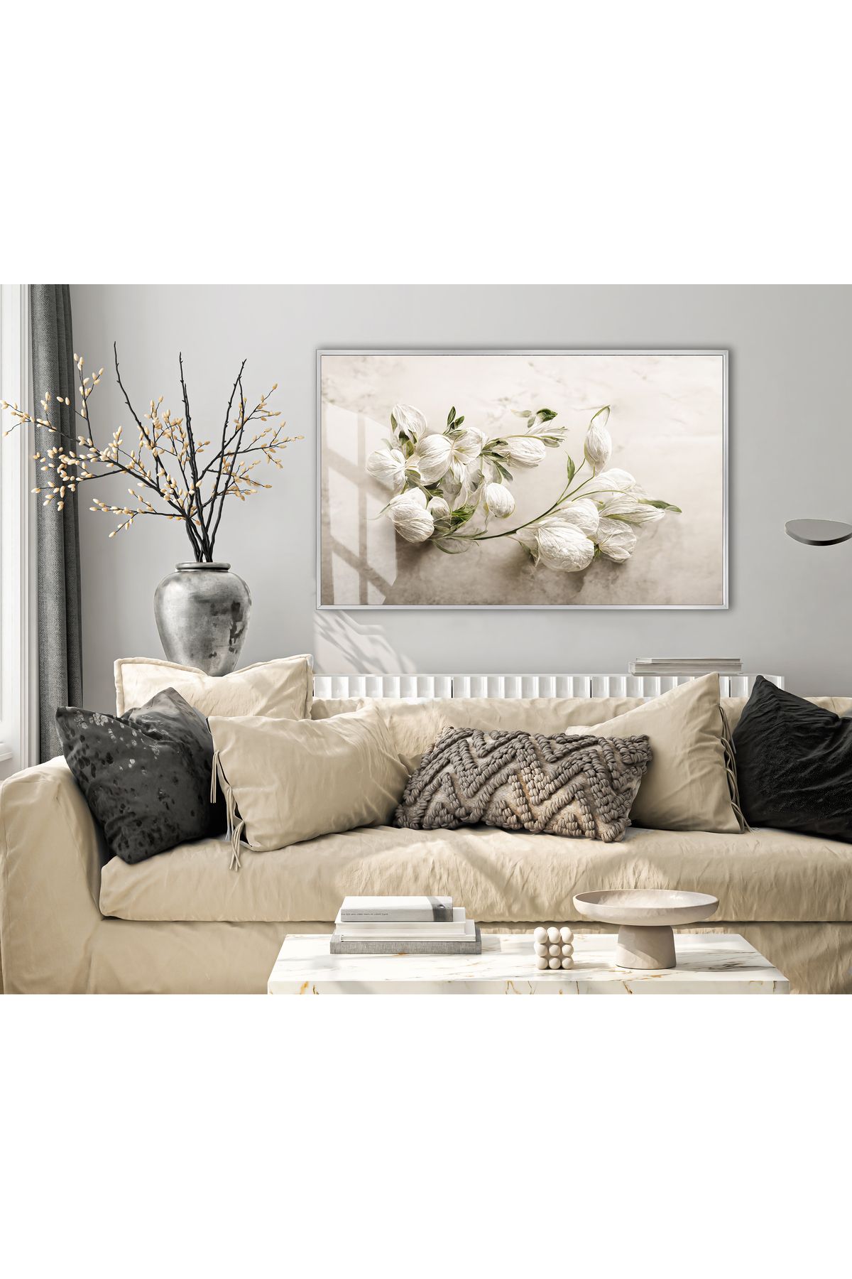 Harikabirev HARİKABİREV|WHITE| ÇİÇEK MODELİ (FLORAL)|ÇERÇEVELİ TEMPERLİ CAM TABLO TEKLİ YATAY