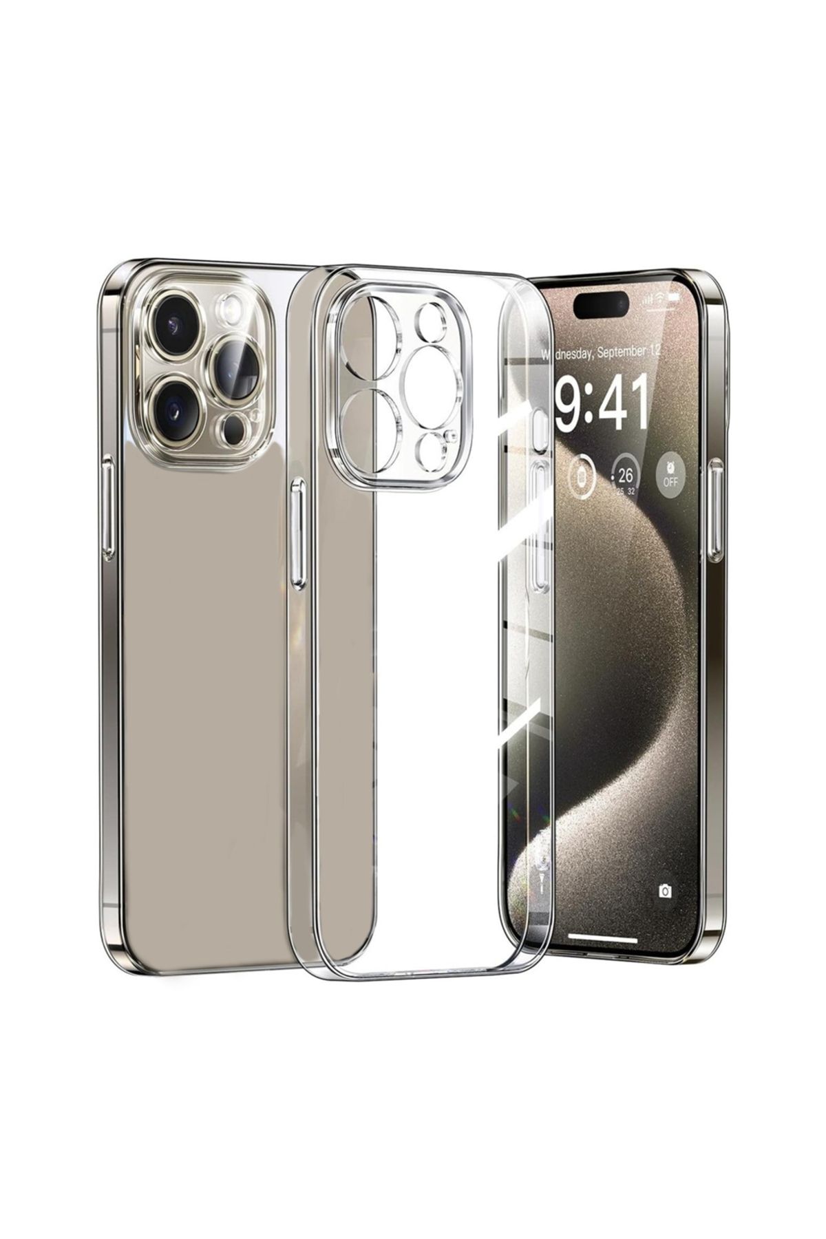 FIRO iPhone 15 Pro Max Kılıf Metal Tuşlu Kamera Korumalı Silikon Şeffaf Arka Kapak