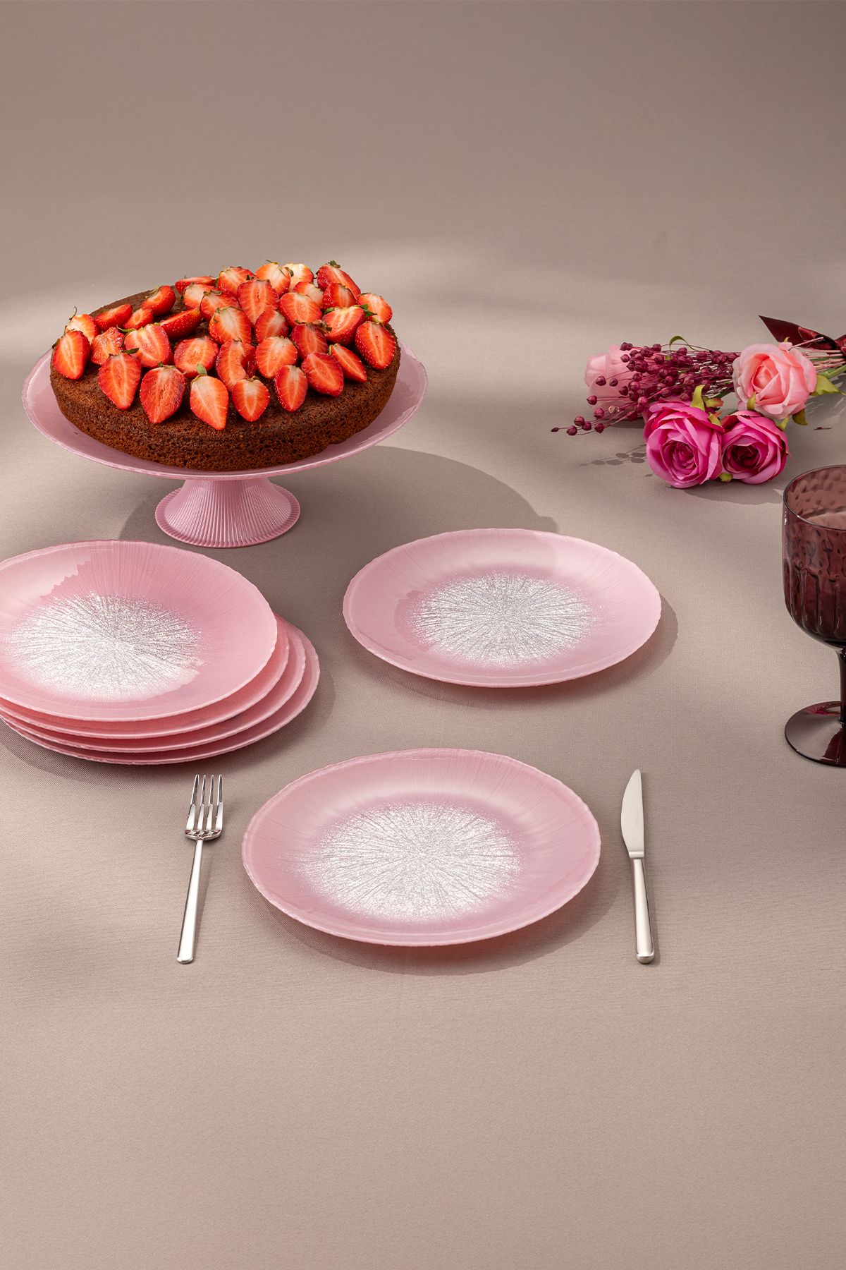 Emsan Pastel 7 Parça Cam Pasta / Tatlı Seti Pembe