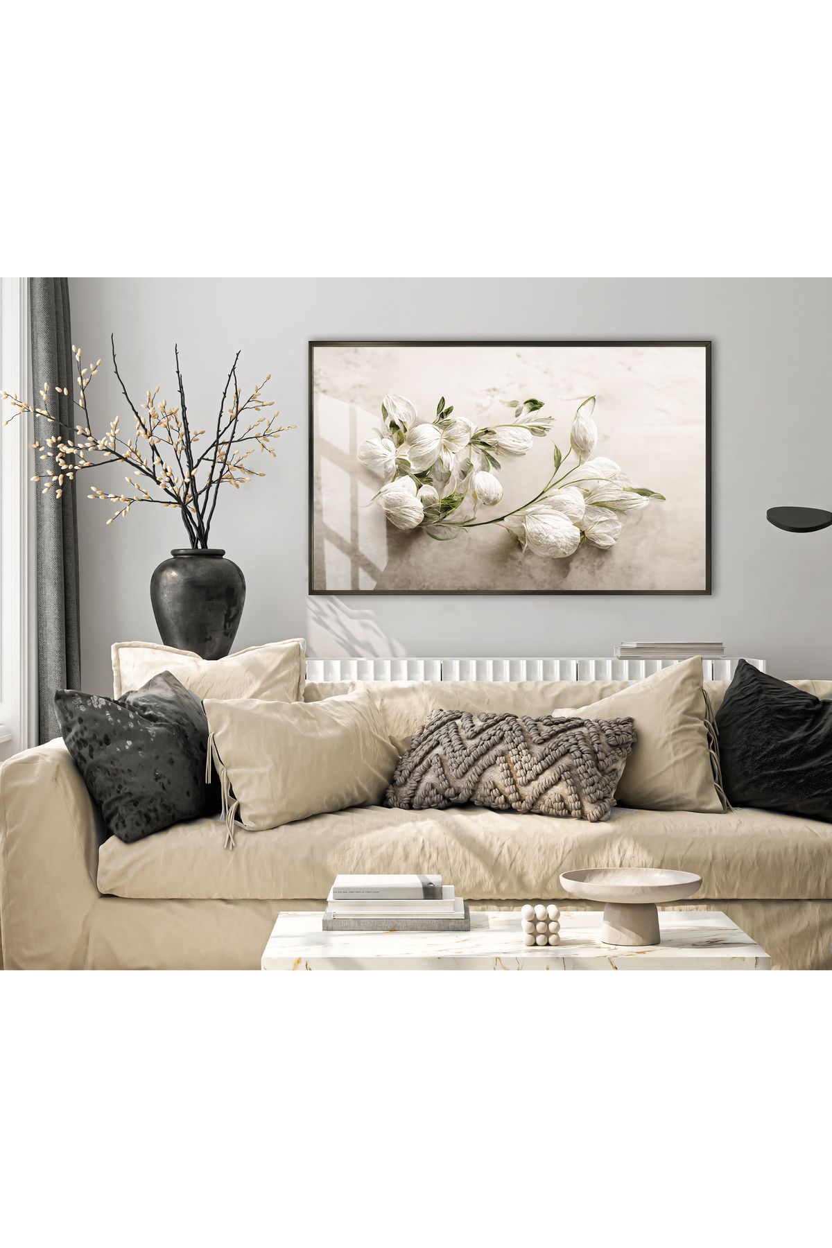 Harikabirev HARİKABİREV|WHITE| ÇİÇEK MODELİ (FLORAL)|ÇERÇEVELİ TEMPERLİ CAM TABLO TEKLİ YATAY