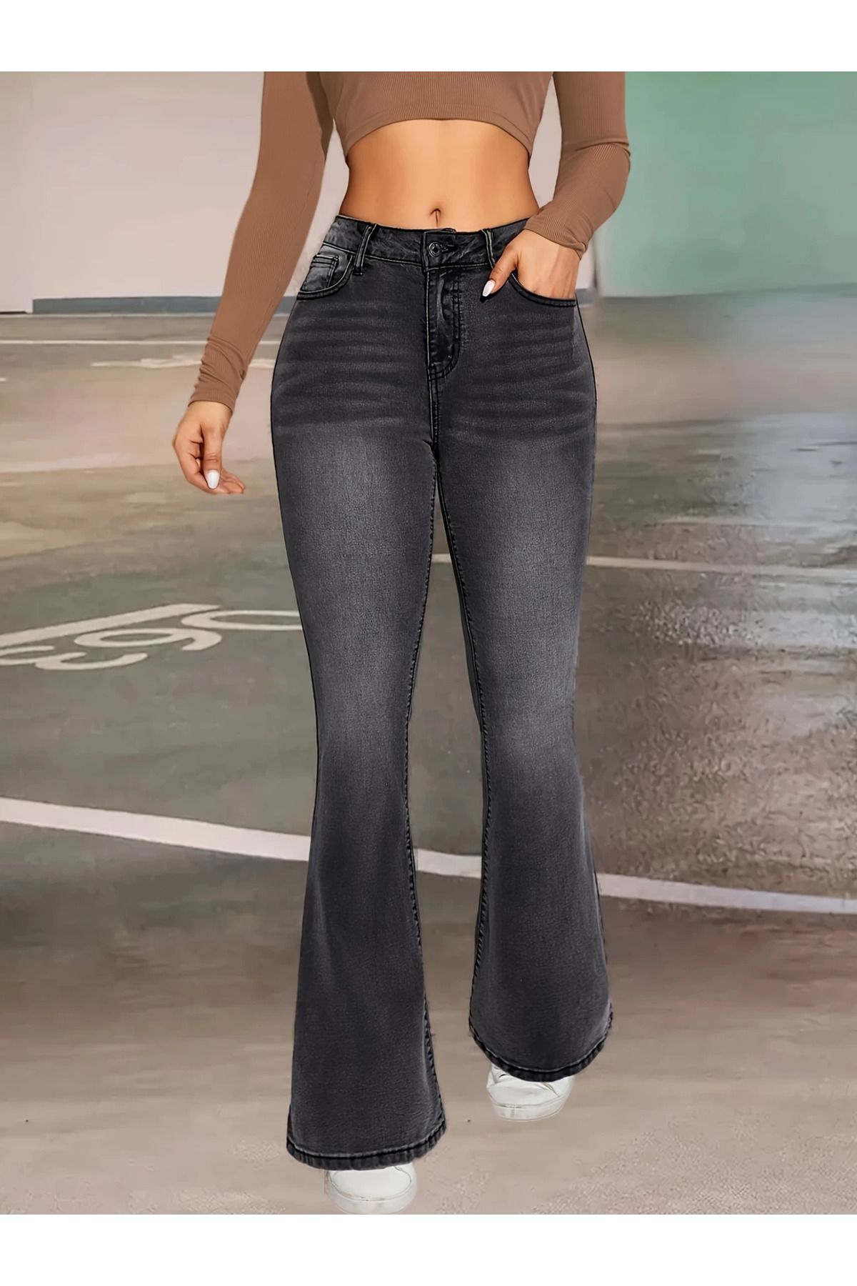 aynewmoda Düğme Detaylı Kadın Geniş Paça Kot Pantolon - Makinada Yıkanabilir, Uzun ve Rahat Kesim